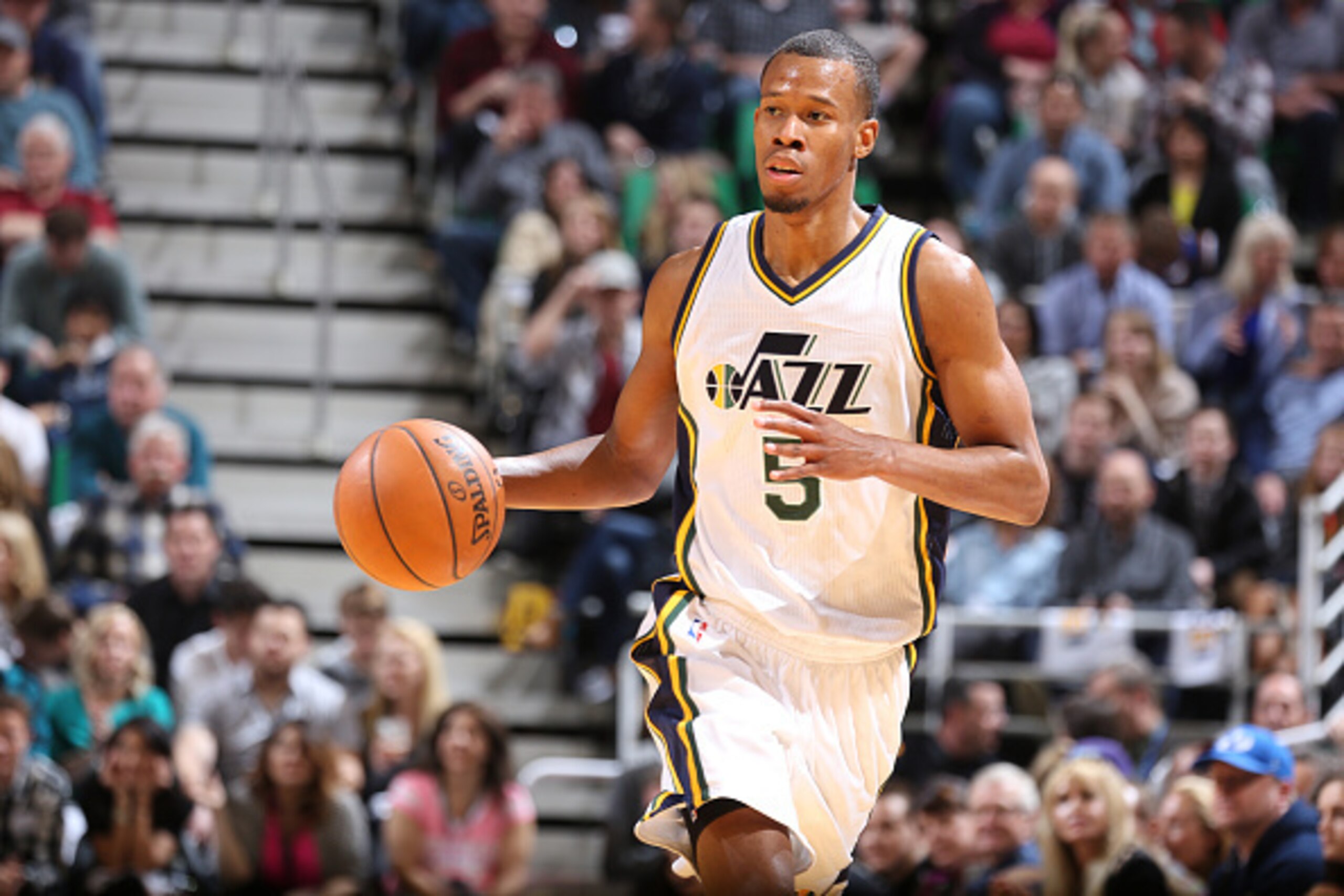SALT LAKE CITY, UT - FEBRUARY 27: Rodney Hood #5 of the Utah Jazz drives to the basket against the Brooklyn Nets during the game on February 27, 2016 at Vivint Smart Home Arena in Salt Lake City, Utah. NOTE TO USER: User expressly acknowledges and agrees 