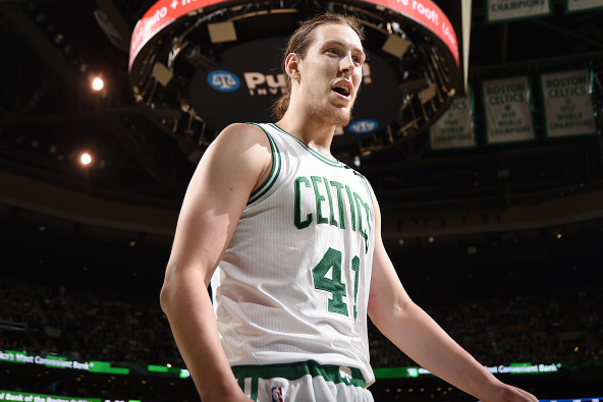BOSTON, MA - DECEMBER 21: Kelly Olynyk #41 of the Boston Celtics looks on during the game against the Minnesota Timberwolves on December 21, 2015 at TD Garden in Boston, Massachusetts. NOTE TO USER: User expressly acknowledges and agrees that, by download