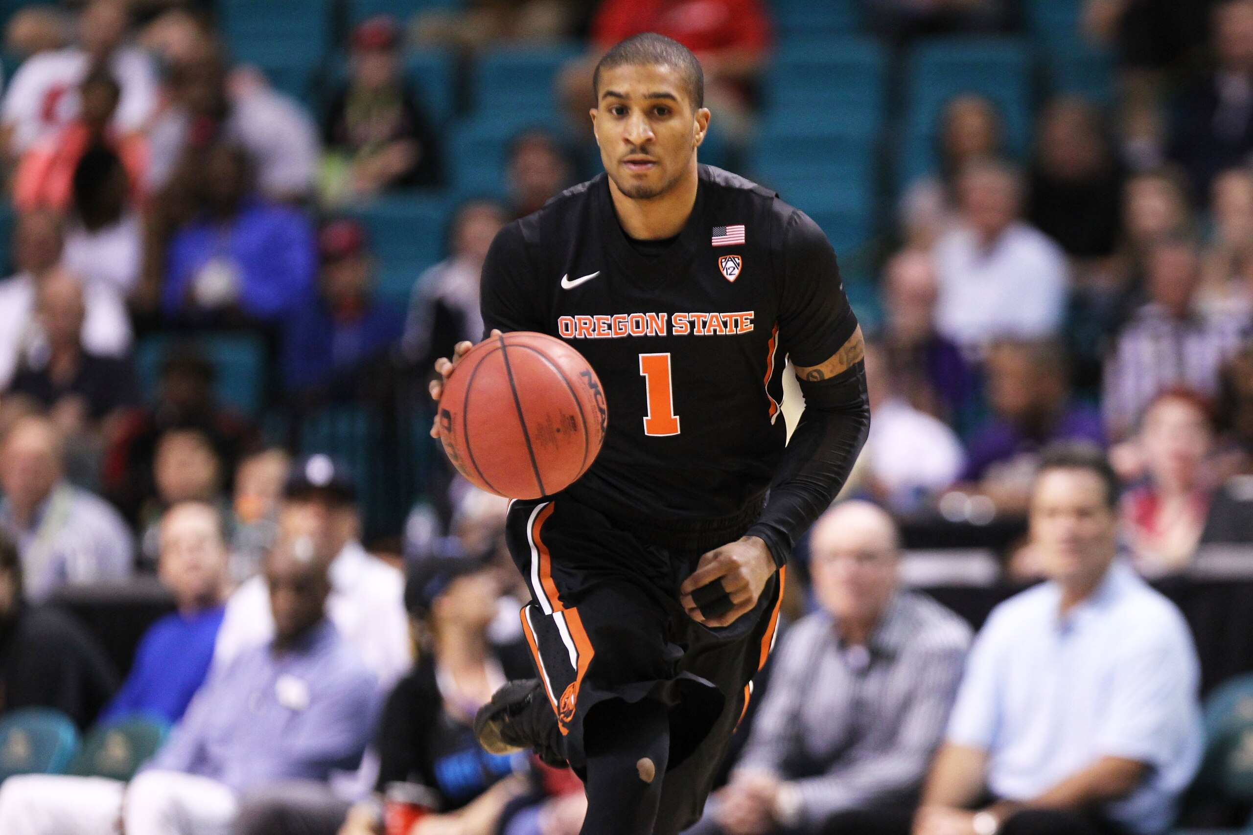 LAS VEGAS, NV - MARCH 10:  Gary Payton II #1 of the Oregon State Beavers handles the ball against the California Golden Bears during a quarterfinal game of the NCAA Pac-12 Basketball Tournament at MGM Grand Garden Arena on March 10, 2016 in Las Vegas, Nev