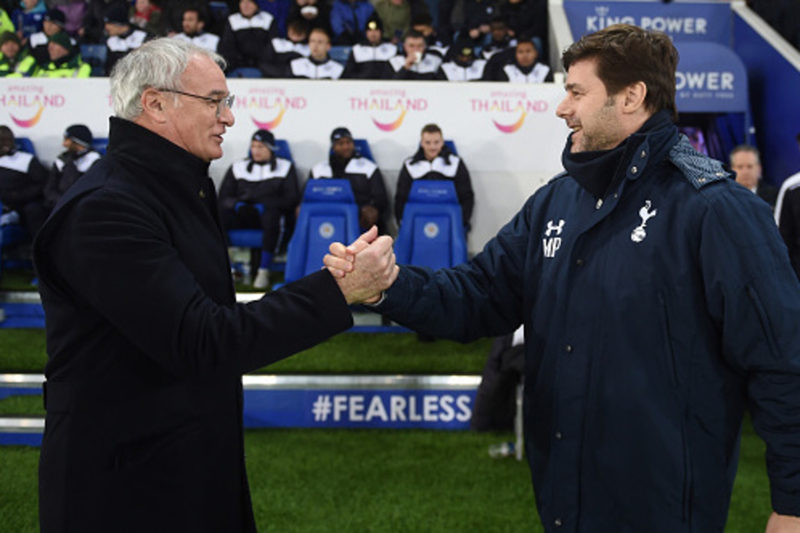 LEICESTER, ENGLAND - JANUARY 20:  Claudio Ranieri the manager of Leicester City greets Mauricio Pochettino the manager of Spurs prior to kickoff during the Emirates FA Cup Third Round Replay match between Leicester City and Tottenham Hotspur at The King P