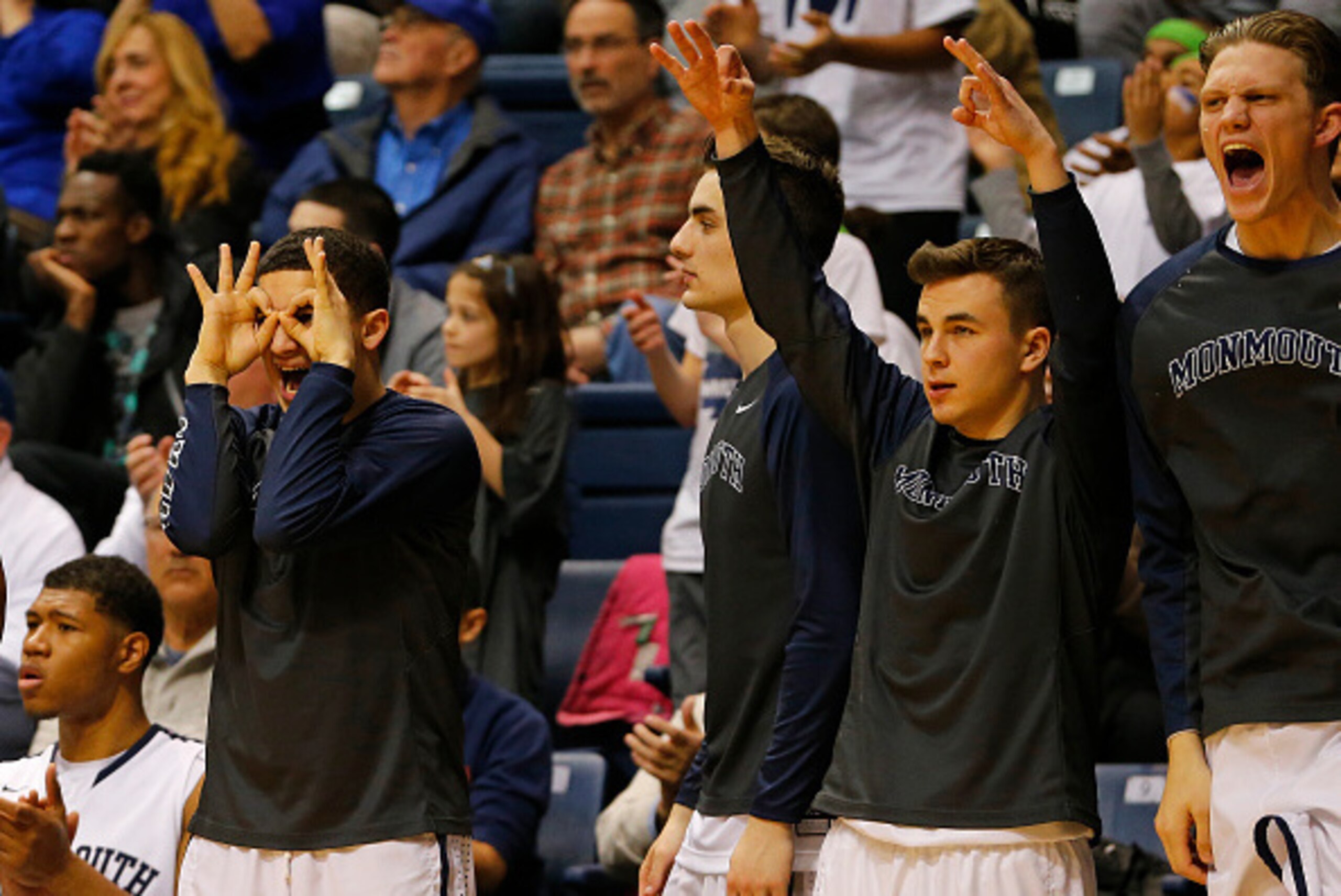 WEST LONG BRANCH, NJ - FEBRUARY 19: The Monmouth Hawks bench reacts to a three point shot against the Iona Gaels during the second half of a college basketball game at the MAC on February 19, 2016 in West Long Branch, New Jersey. Iona defeated Monmouth 83