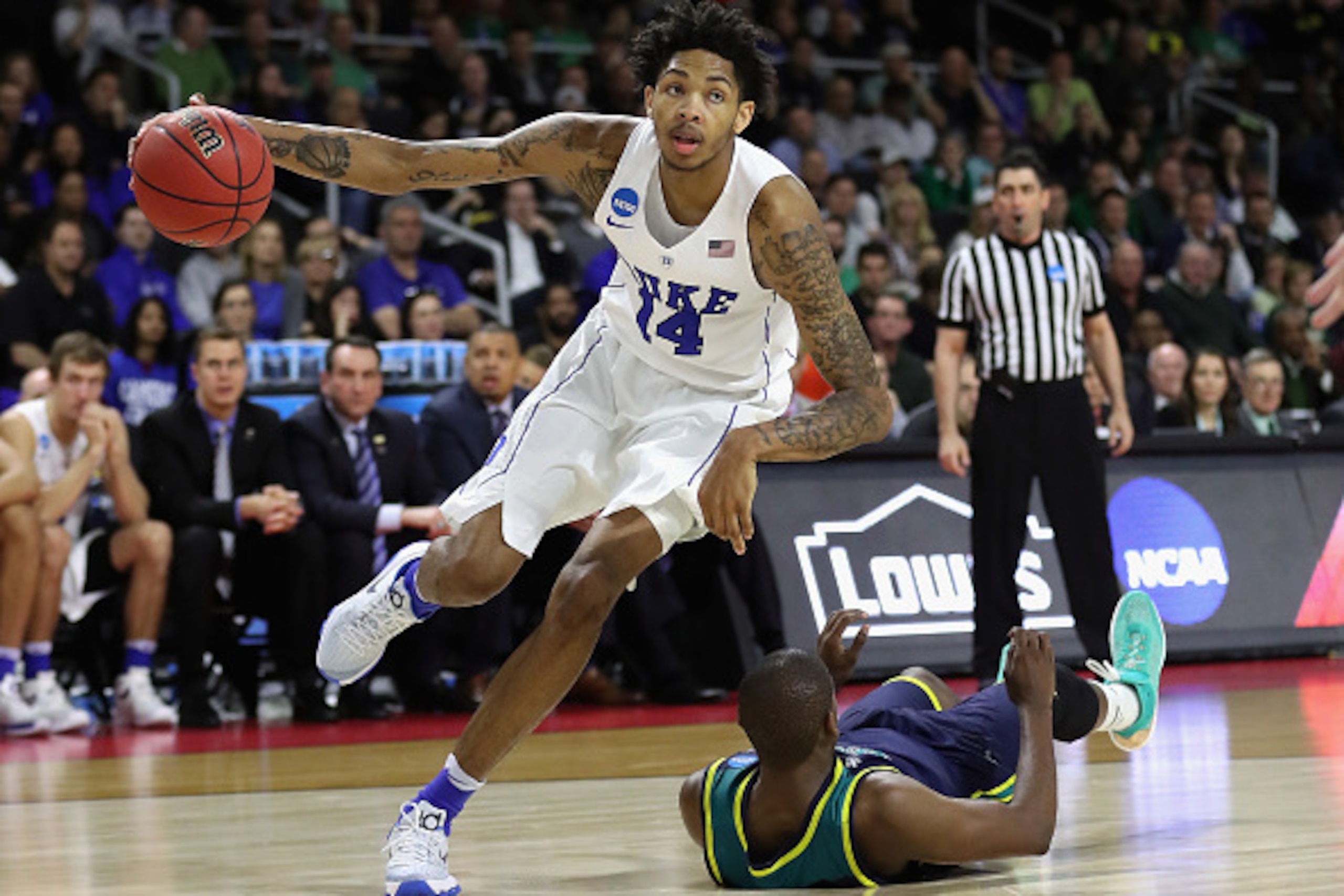 PROVIDENCE, RI - MARCH 17: Brandon Ingram #14 of the Duke Blue Devils dribbles the ball in the second half against the North Carolina-Wilmington Seahawks during the first round of the 2016 NCAA Men's Basketball Tournament at Dunkin' Donuts Center on Marc PROVIDENCE, RI - MARCH 17: Brandon Ingram #14 of the Duke Blue Devils dribbles the ball in the second half against the North Carolina-Wilmington Seahawks during the first round of the 2016 NCAA Men's Basketball Tournament at Dunkin' Donuts Center on Marc