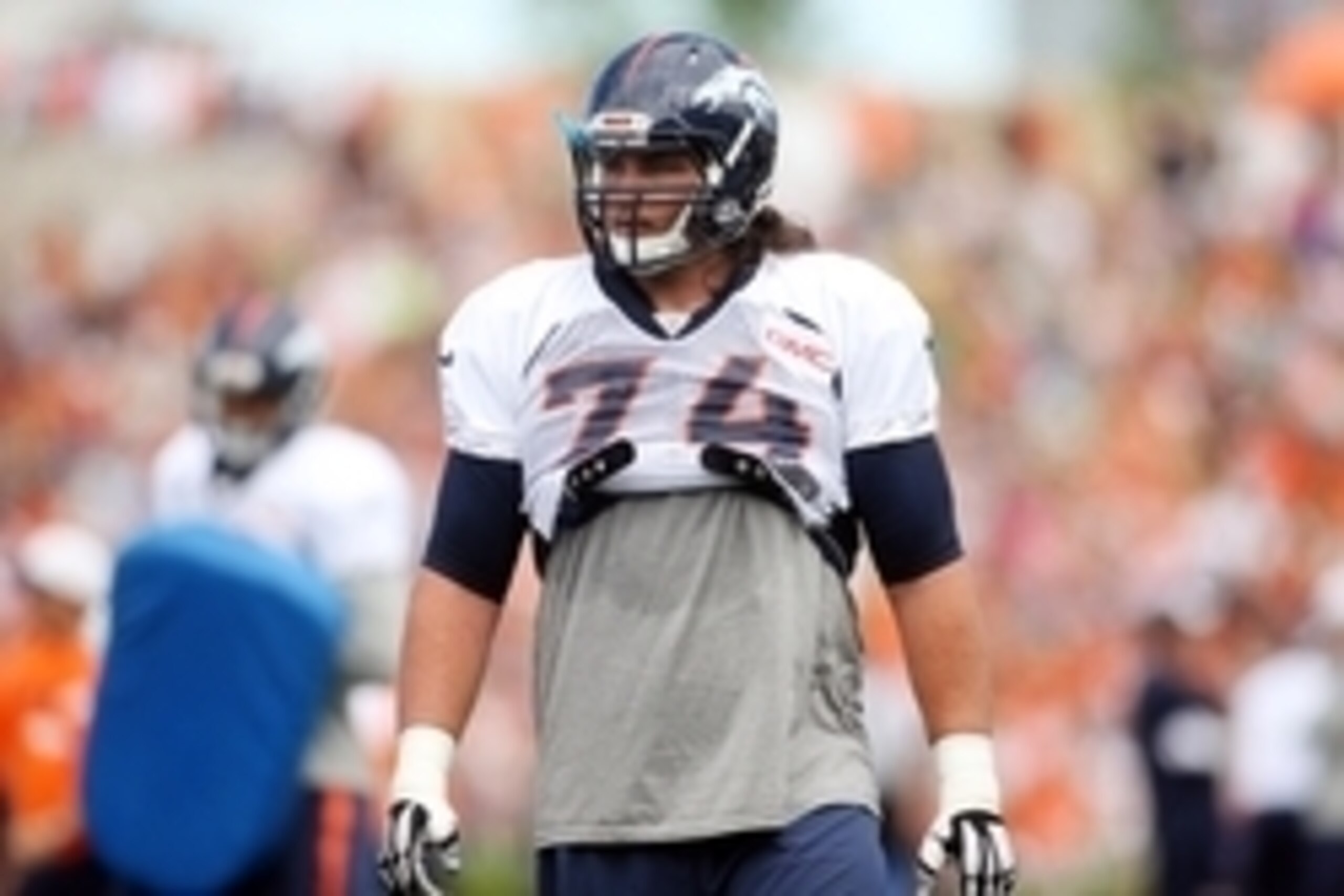 Aug 6, 2015; Denver, CO, USA; Denver Broncos offensive tackle Ty Sambrailo (74) during training camp at the UCHealth Training Center. Mandatory Credit: Chris Humphreys-USA TODAY Sports