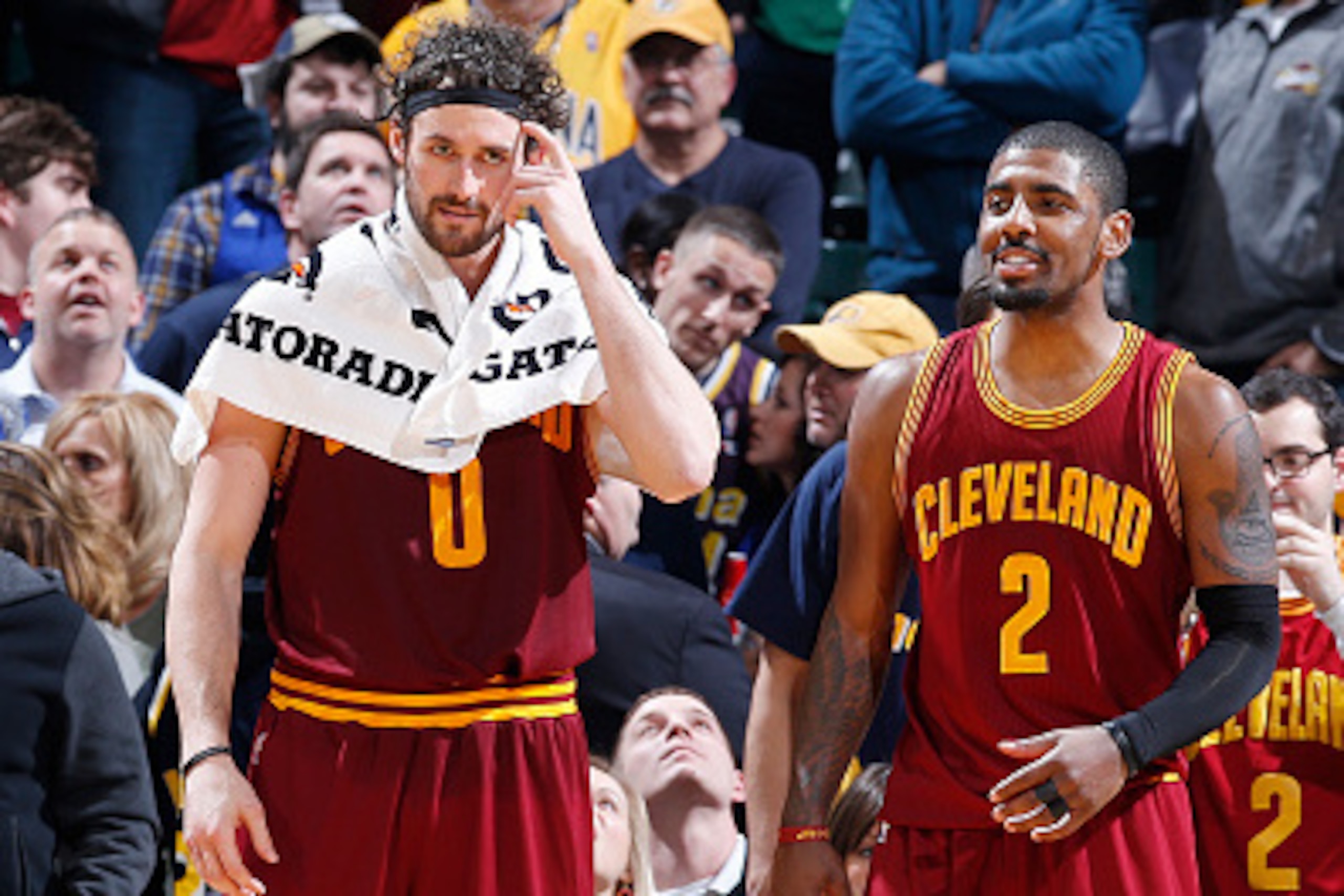INDIANAPOLIS, IN - FEBRUARY 1: Kevin Love #0 and Kyrie Irving #2 of the Cleveland Cavaliers look on against the Indiana Pacers during the game at Bankers Life Fieldhouse on February 1, 2016 in Indianapolis, Indiana. The Cavaliers defeated the Pacers 111-1