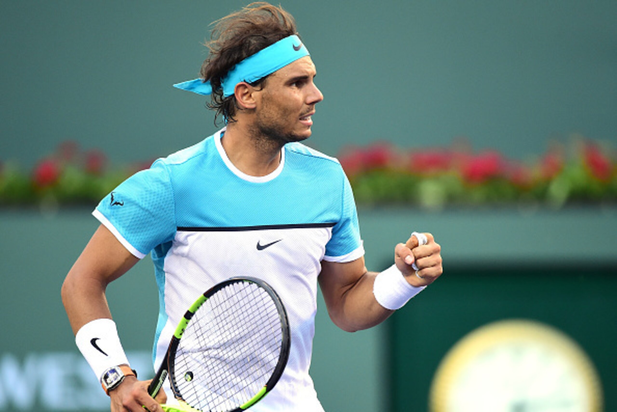 INDIAN WELLS, CA - MARCH 16:  Rafael Nadal of Spain celebrates a game on his way to beating Alexander Zverev of Gremany at Indian Wells Tennis Garden on March 16, 2016 in Indian Wells, California.  (Photo by Harry How/Getty Images)