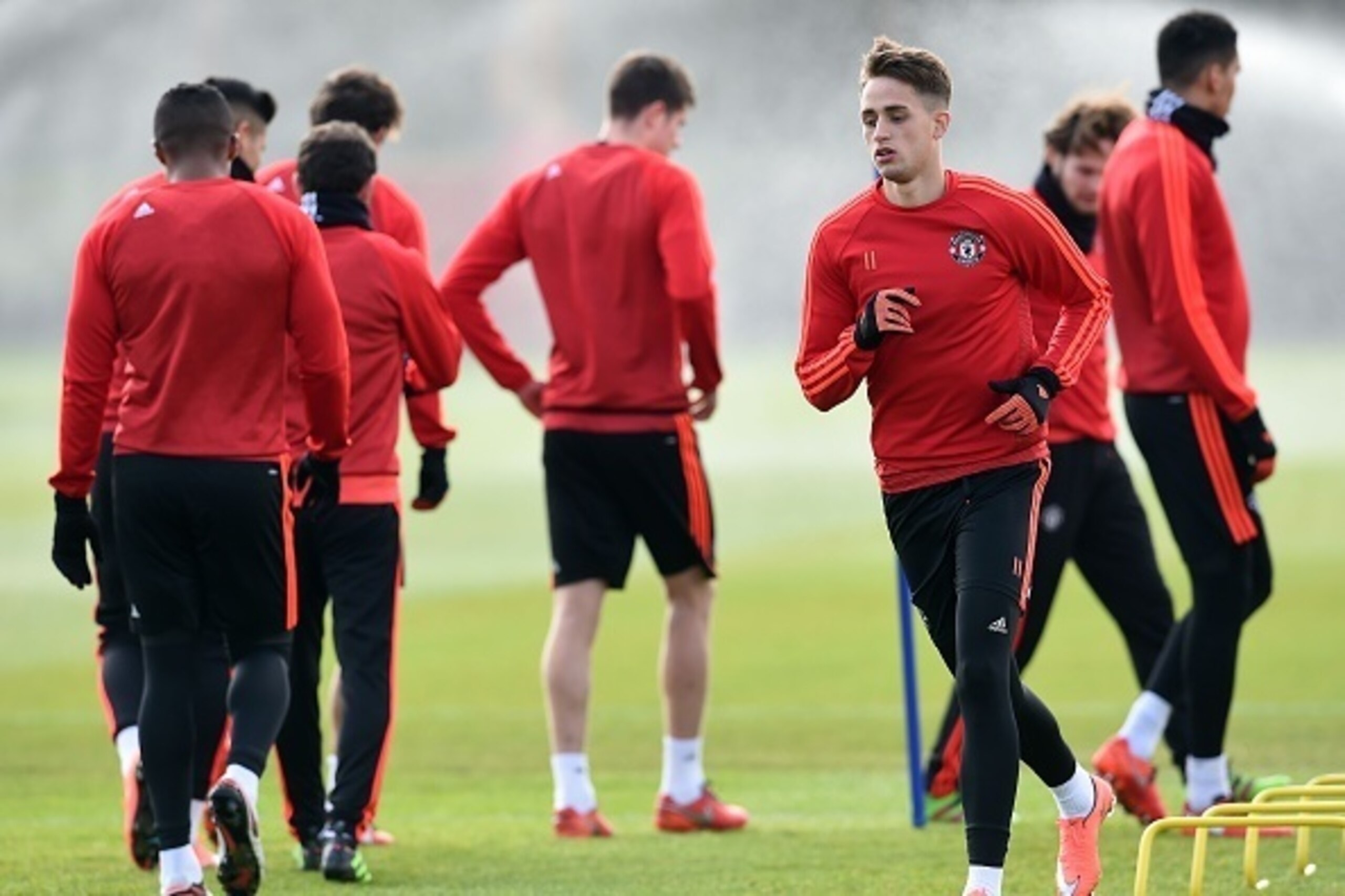 Manchester United's Belgian midfielder Adnan Januzaj (2nd R) takes part in a team training session at their Carrington Training Centre in Manchester, north west England on March 16, 2016 ahead of their UEFA Europa League second leg football match against Manchester United's Belgian midfielder Adnan Januzaj (2nd R) takes part in a team training session at their Carrington Training Centre in Manchester, north west England on March 16, 2016 ahead of their UEFA Europa League second leg football match against