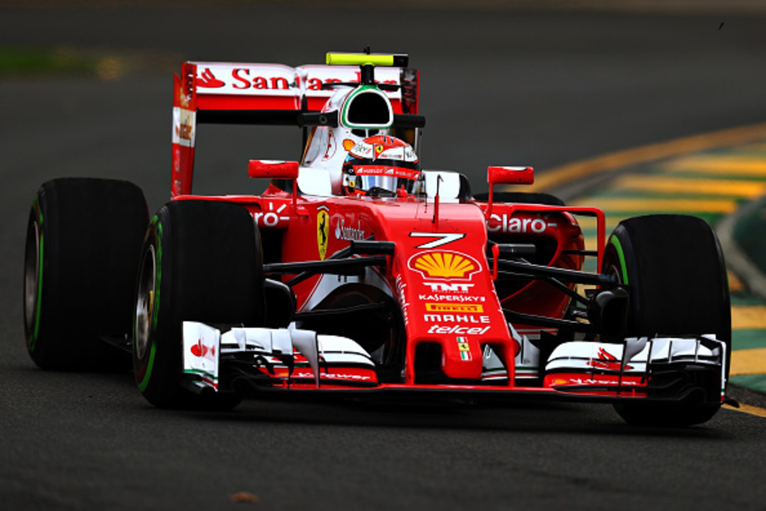 MELBOURNE, AUSTRALIA - MARCH 18: Kimi Raikkonen of Finland drives the (7) Scuderia Ferrari SF16-H Ferrari 059/5 turbo (Shell GP) on track during practice ahead of the Australian Formula One Grand Prix at Albert Park on March 18, 2016 in Melbourne, Austral