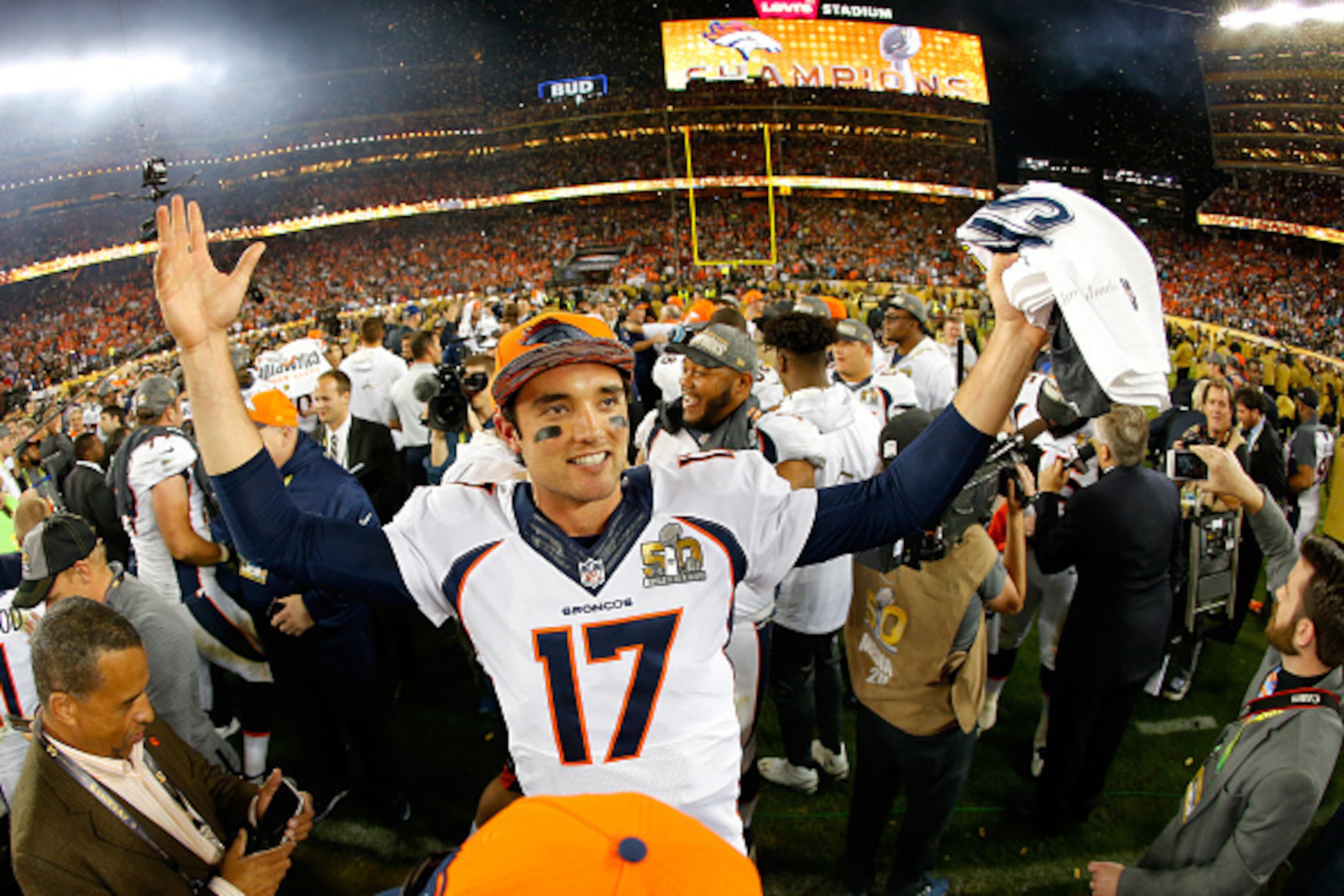 SANTA CLARA, CA - FEBRUARY 07:  Brock Osweiler #17 of the Denver Broncos celebrates after winning Super Bowl 50 at Levi's Stadium on February 7, 2016 in Santa Clara, California. The Denver Broncos defeated the Carolina Panthers 24-10.  (Photo by Kevin C. 
