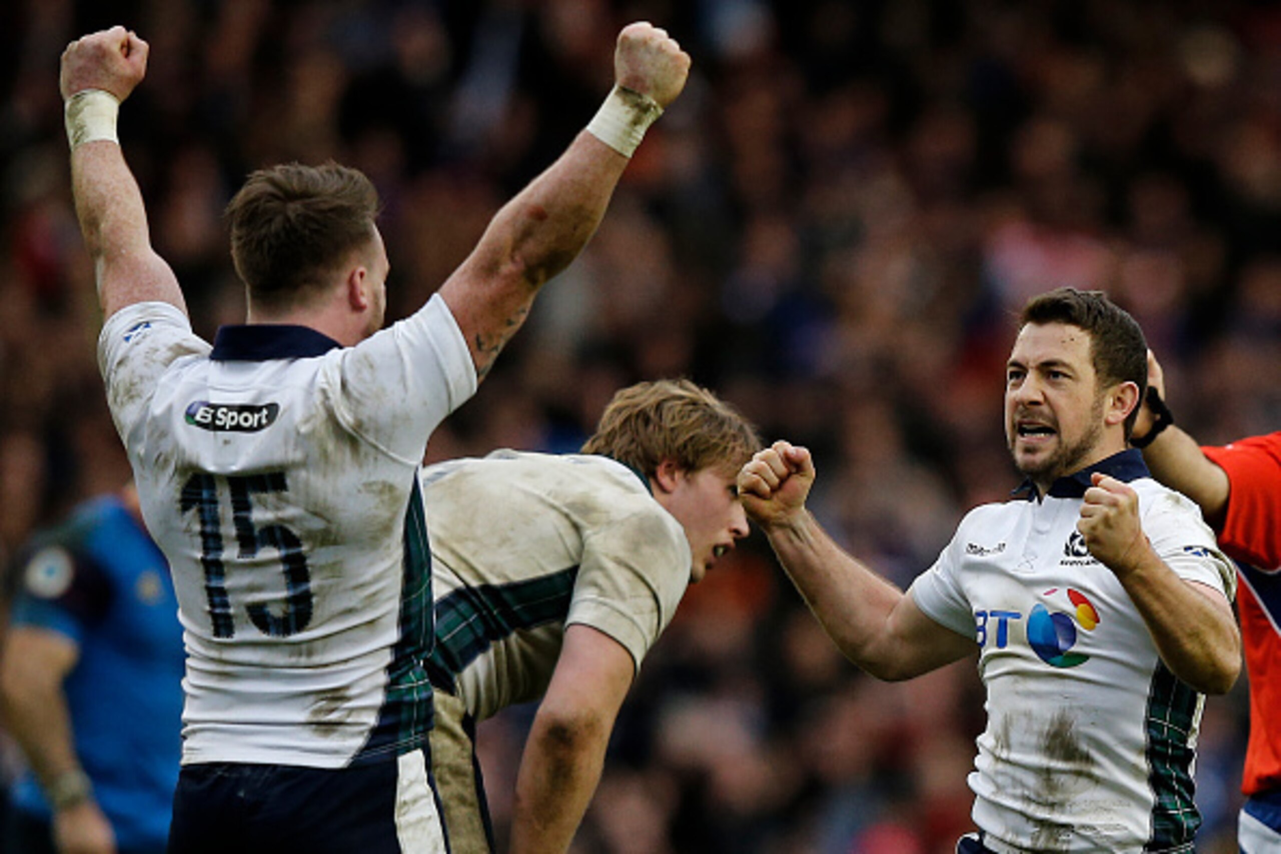 Scotland's captain and scrum half Greig Laidlaw (R) celebrates with Scotland's full back Stuart Hogg after winning a penalty near the end of the Six Nations international rugby union match between Scotland and France at Murrayfield in Edinburgh, Scotland 