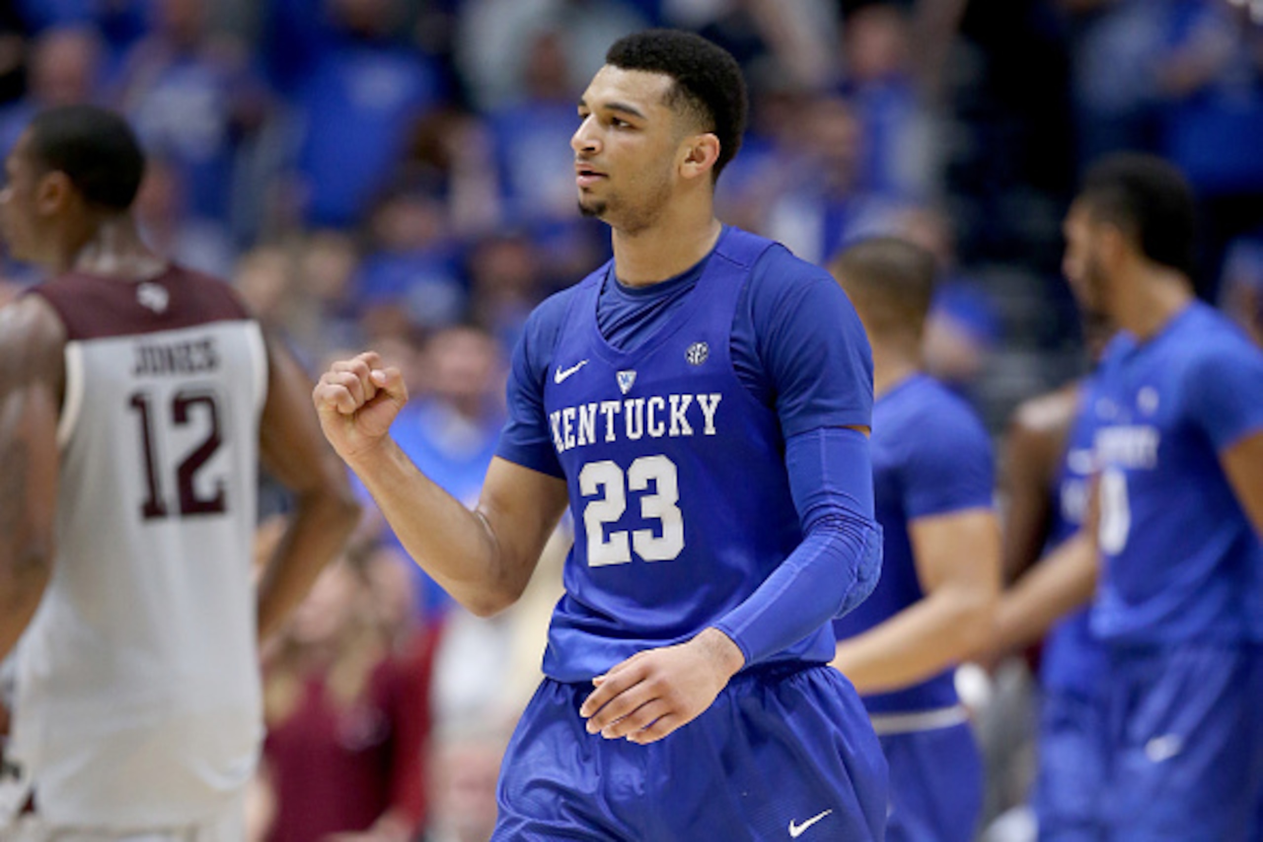 NASHVILLE, TN - MARCH 13:  Jamal Murray #23 of the Kentucky Wildcats celebrates during the 82-77 OT win over the Texas A&M Aggies in the Championship Game of the SEC Basketball Tournament at Bridgestone Arena on March 13, 2016 in Nashville, Tennessee.  (P