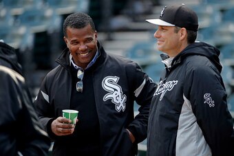 CHICAGO, IL - APRIL 21: Chicago White Sox Executive Vice President Kenny Williams (L) and Robin Ventura #23 of the Chicago White Sox (R) talk before the game between the Chicago White Sox and the Cleveland Indians on April 21, 2015 at U.S. Cellular Field
