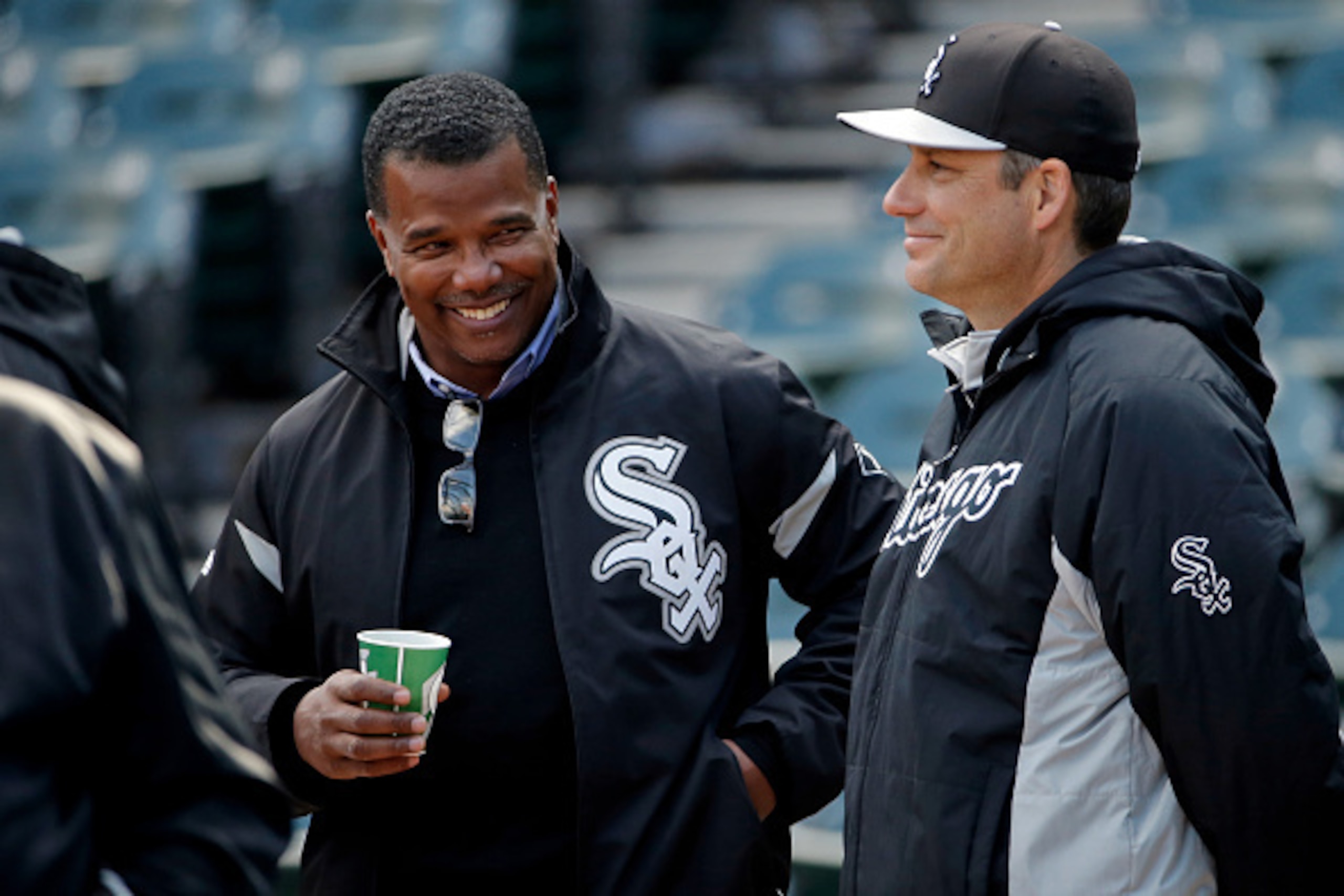CHICAGO, IL - APRIL 21: Chicago White Sox Executive Vice President Kenny Williams (L) and Robin Ventura #23 of the Chicago White Sox (R) talk before the game between the Chicago White Sox and the Cleveland Indians on April 21, 2015 at U.S. Cellular Field