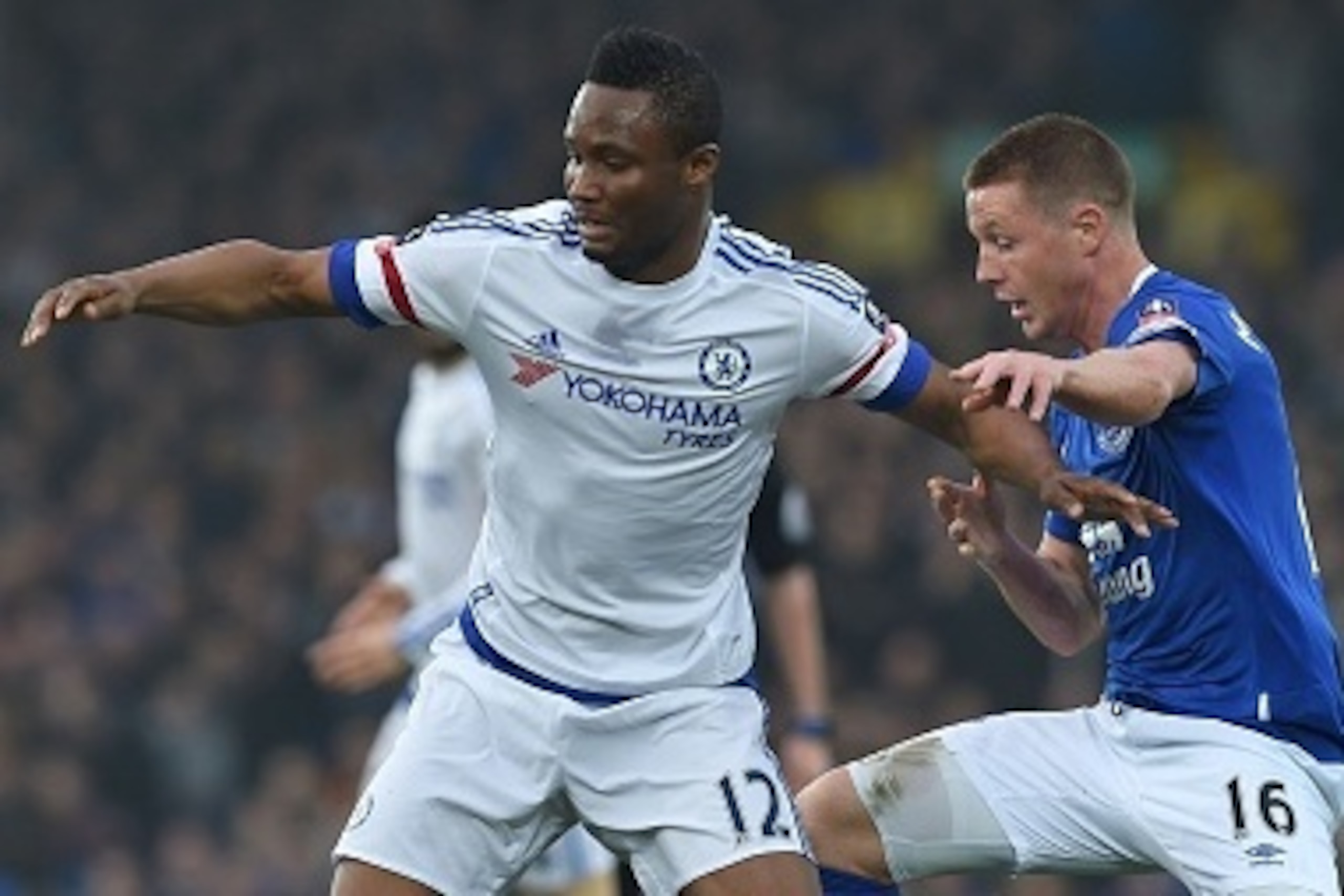 Chelsea's Nigerian midfielder John Obi Mikel (L) vies with Everton's Scottish-born Irish midfielder James McCarthy during the English FA cup quarter-final football match between Everton and Chelsea at Goodison Park in Liverpool, north west England on Marc