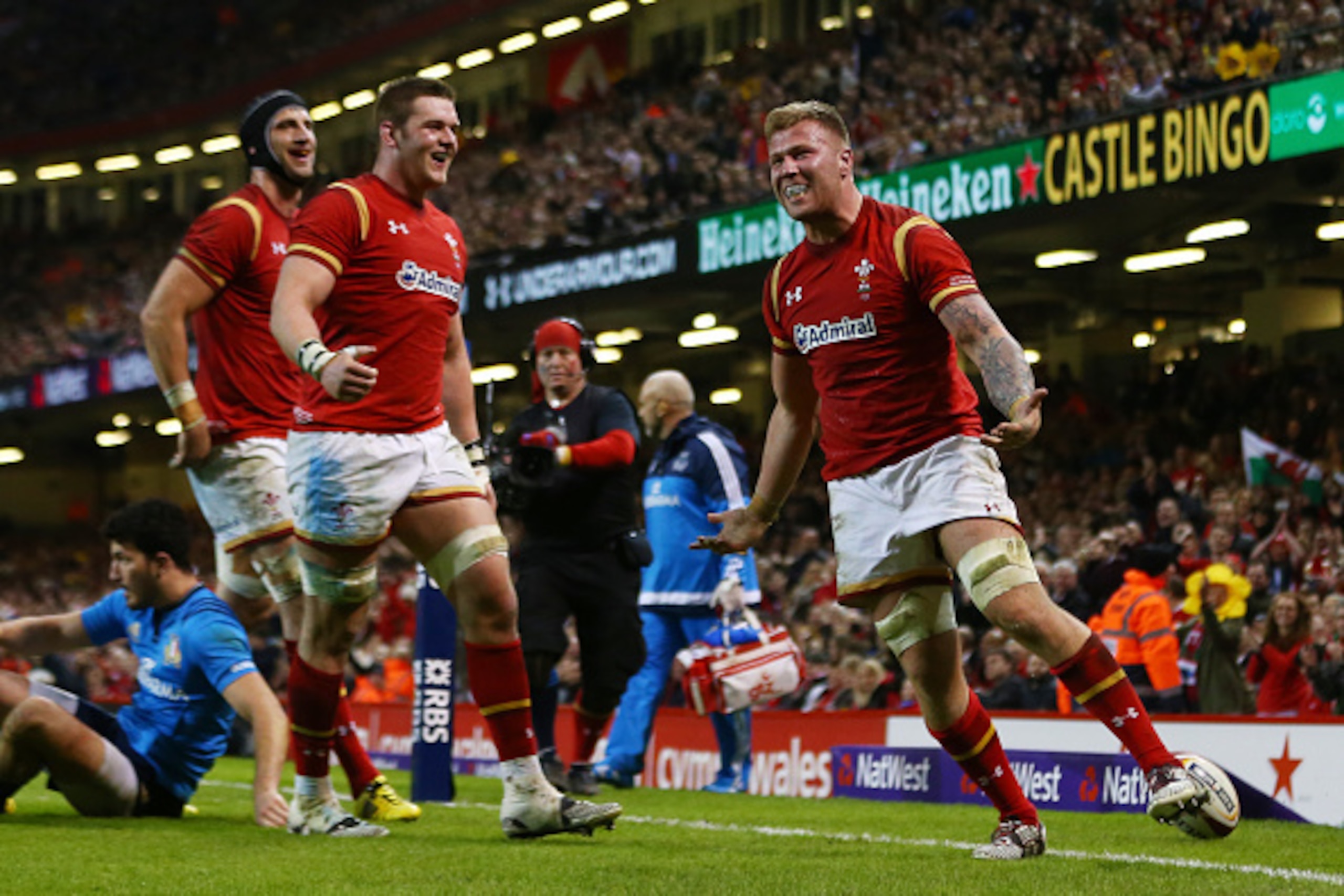 CARDIFF, WALES - MARCH 19:  Ross Moriarty of Wales celebrates after scoring his team's seventh try during the RBS Six Nations match between Wales and Italy at the Principality Stadium on March 19, 2016 in Cardiff, Wales.  (Photo by Michael Steele/Getty Im
