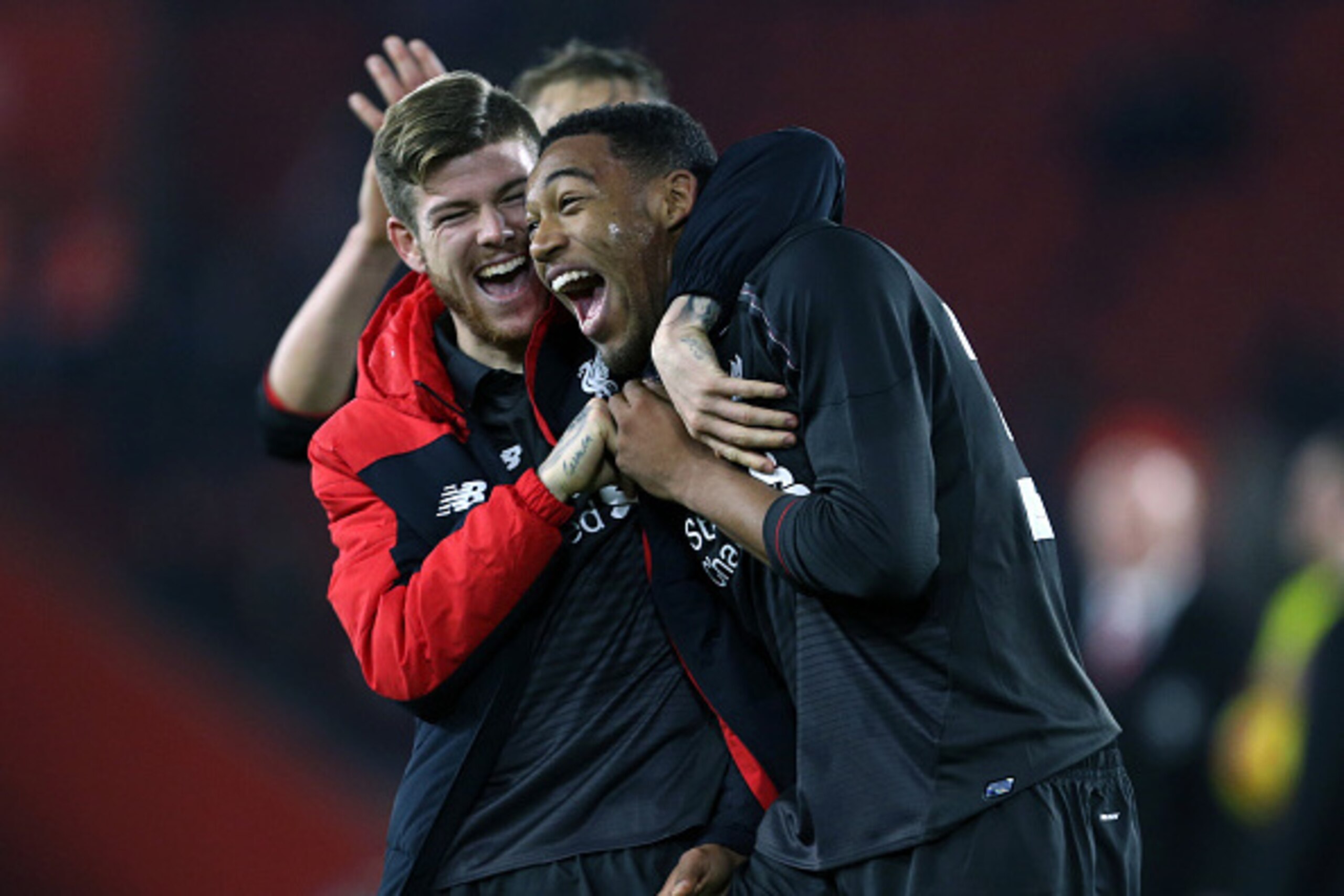 SOUTHAMPTON, ENGLAND - DECEMBER 02:  Alberto Moreno and Jordon Ibe of Liverpool celebrate after the Capital One Cup Quarter Final between Southampton and Liverpool at St Mary's Stadium on December 2, 2015 in Southampton, England.  (Photo by Catherine Ivil