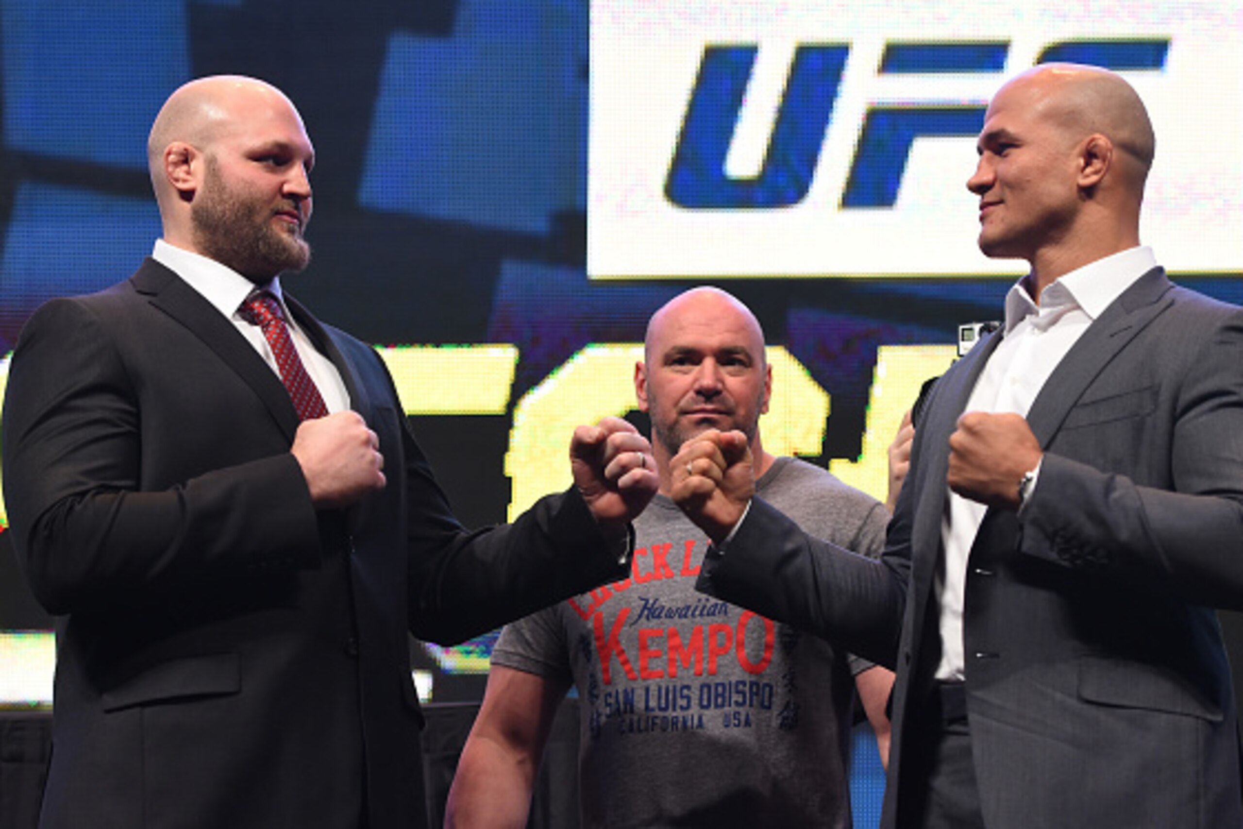 LAS VEGAS, NV - MARCH 04:  (L-R) Opponents Ben Rothwell and Junior dos Santos face off during the UFC Unstoppable launch press conference at the MGM Grand Garden Arena on March 4, 2016 in Las Vegas, Nevada. (Photo by Josh Hedges/Zuffa LLC/Zuffa LLC via Ge