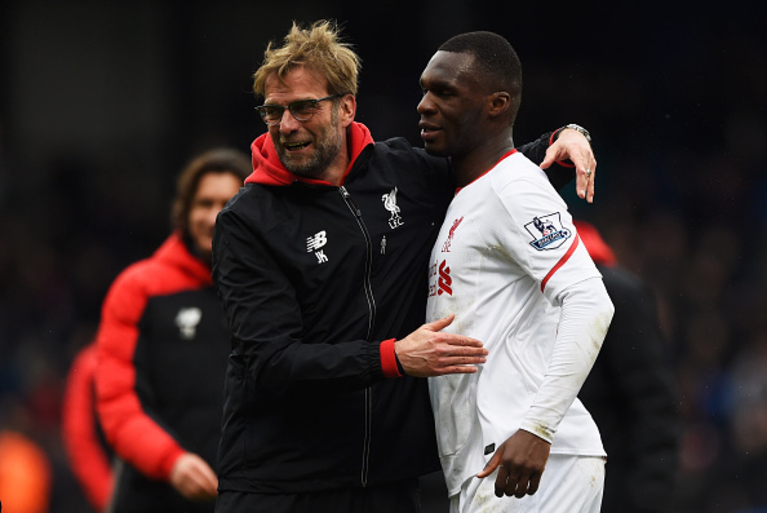 LONDON, ENGLAND - MARCH 06:  Jurgen Klopp manager of Liverpool celebrates victory with winning goalscorer Christian Benteke of Liverpool after the Barclays Premier League match between Crystal Palace and Liverpool at Selhurst Park on March 6, 2016 in Lond