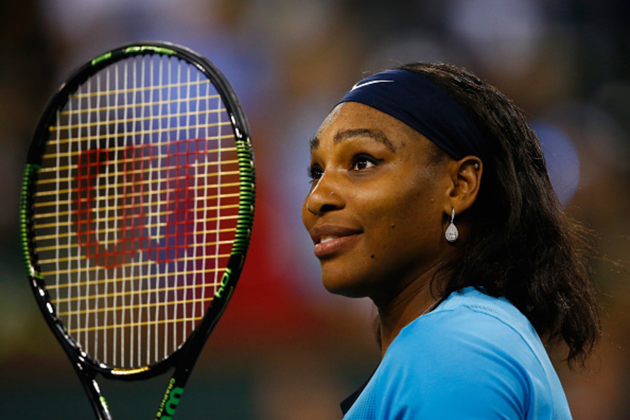 INDIAN WELLS, CA - MARCH 18:  Serena Williams of USA reacts after defeating Agnieszka Radwanska of Poland in straight sets during day twelve of the BNP Paribas Open at Indian Wells Tennis Garden on March 18, 2016 in Indian Wells, California.  (Photo by Ju