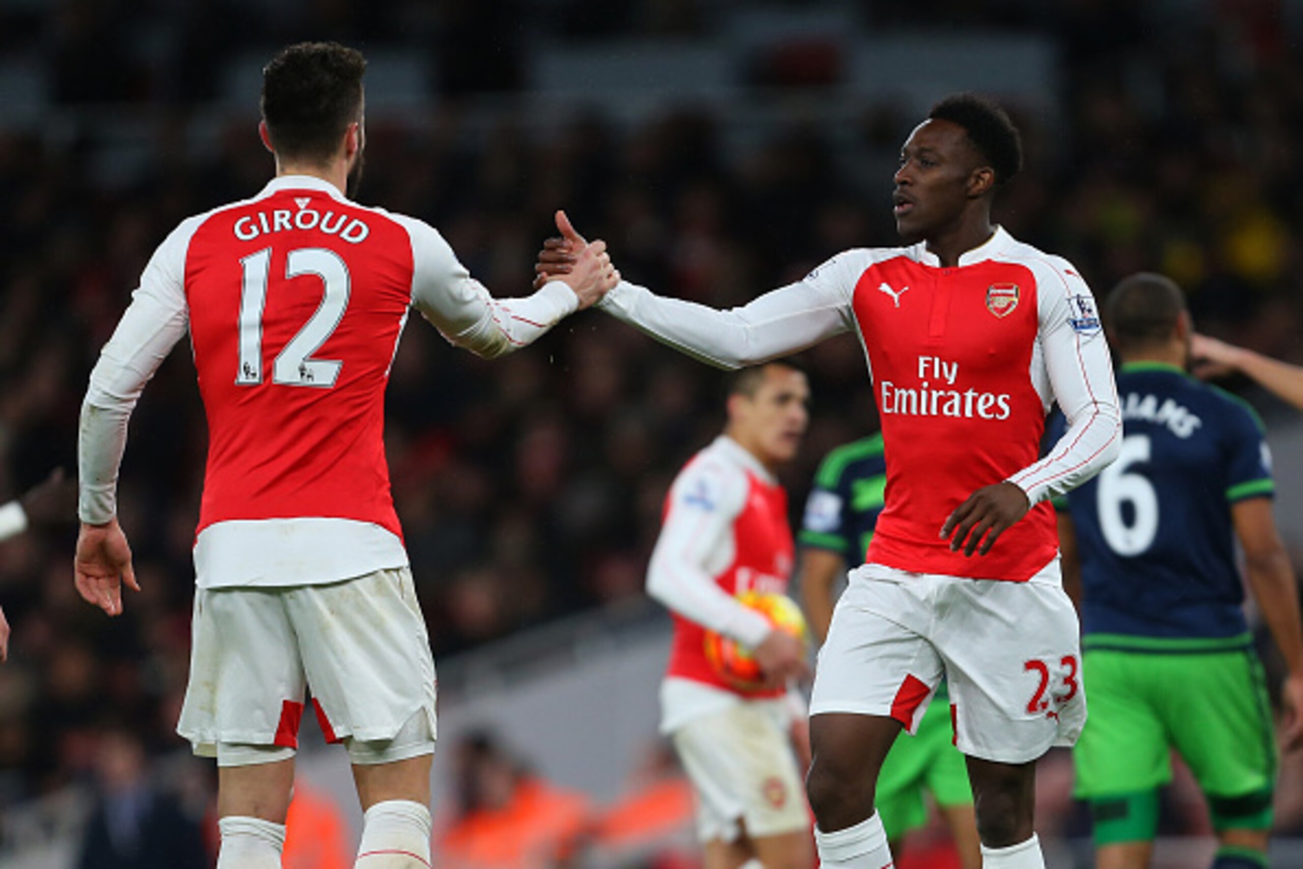 LONDON, ENGLAND - MARCH 02 :  Olivier Giroud of Arsenal and Danny Welbeck of Arsenal during the Barclays Premier League match between Arsenal and Swansea City at the Emirates Stadium on March 02, 2016 in London, England.  (Photo by Catherine Ivill - AMA/G