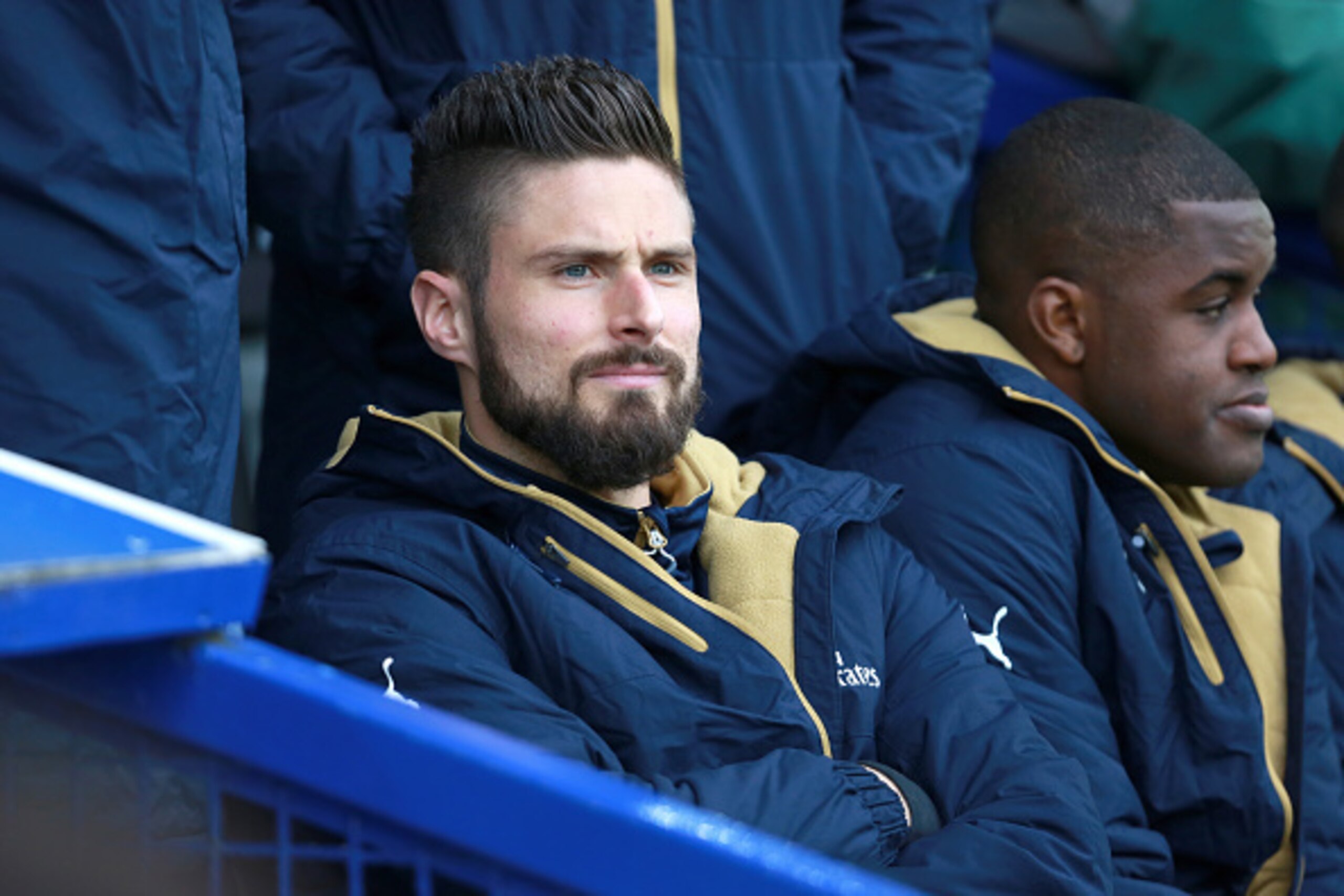 LIVERPOOL, ENGLAND - MARCH 19: Olivier Giroud of Arsenal sits on the bench during the Barclays Premier League match between Everton and Arsenal at Goodison Park on March 19, 2016 in Liverpool, England.  (Photo by James Baylis - AMA/Getty Images)
