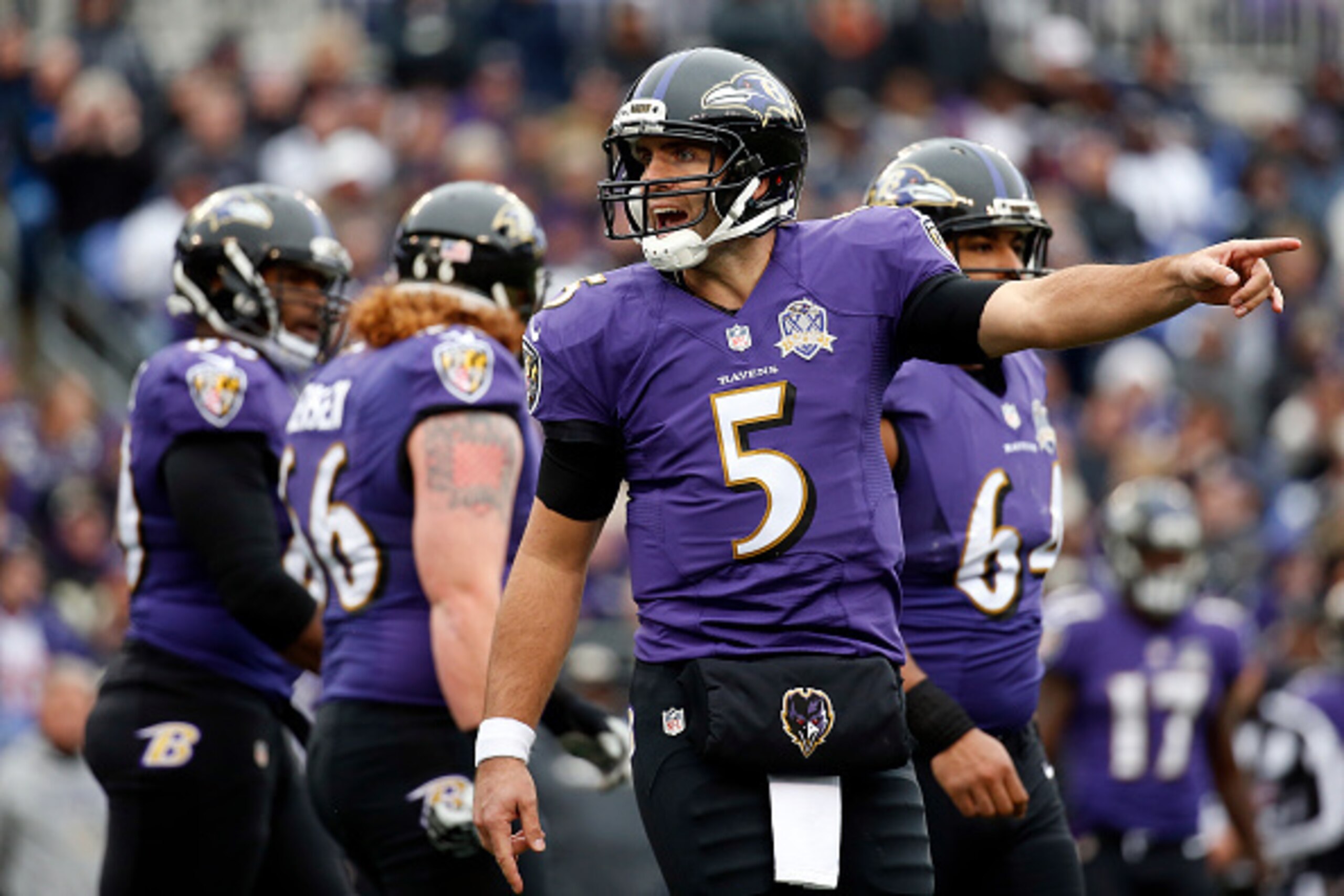 BALTIMORE, MD - NOVEMBER 22: Quarterback Joe Flacco #5 of the Baltimore Ravens reacts to a play against the St. Louis Rams in the second quarter at M&T Bank Stadium on November 22, 2015 in Baltimore, Maryland. (Photo by Rob Carr/Getty Images) BALTIMORE, MD - NOVEMBER 22: Quarterback Joe Flacco #5 of the Baltimore Ravens reacts to a play against the St. Louis Rams in the second quarter at M&T Bank Stadium on November 22, 2015 in Baltimore, Maryland. (Photo by Rob Carr/Getty Images)