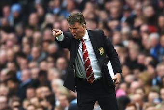 MANCHESTER, ENGLAND - MARCH 20:  Louis van Gaal manager of Manchester United reacts during the Barclays Premier League match between Manchester City and Manchester United at Etihad Stadium on March 20, 2016 in Manchester, United Kingdom.  (Photo by Michae
