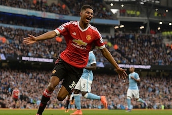 Manchester United's English striker Marcus Rashford celebrates scoring his team's first goal during the English Premier League football match between Manchester City and Manchester United at the Etihad Stadium in Manchester, north west England, on March 2
