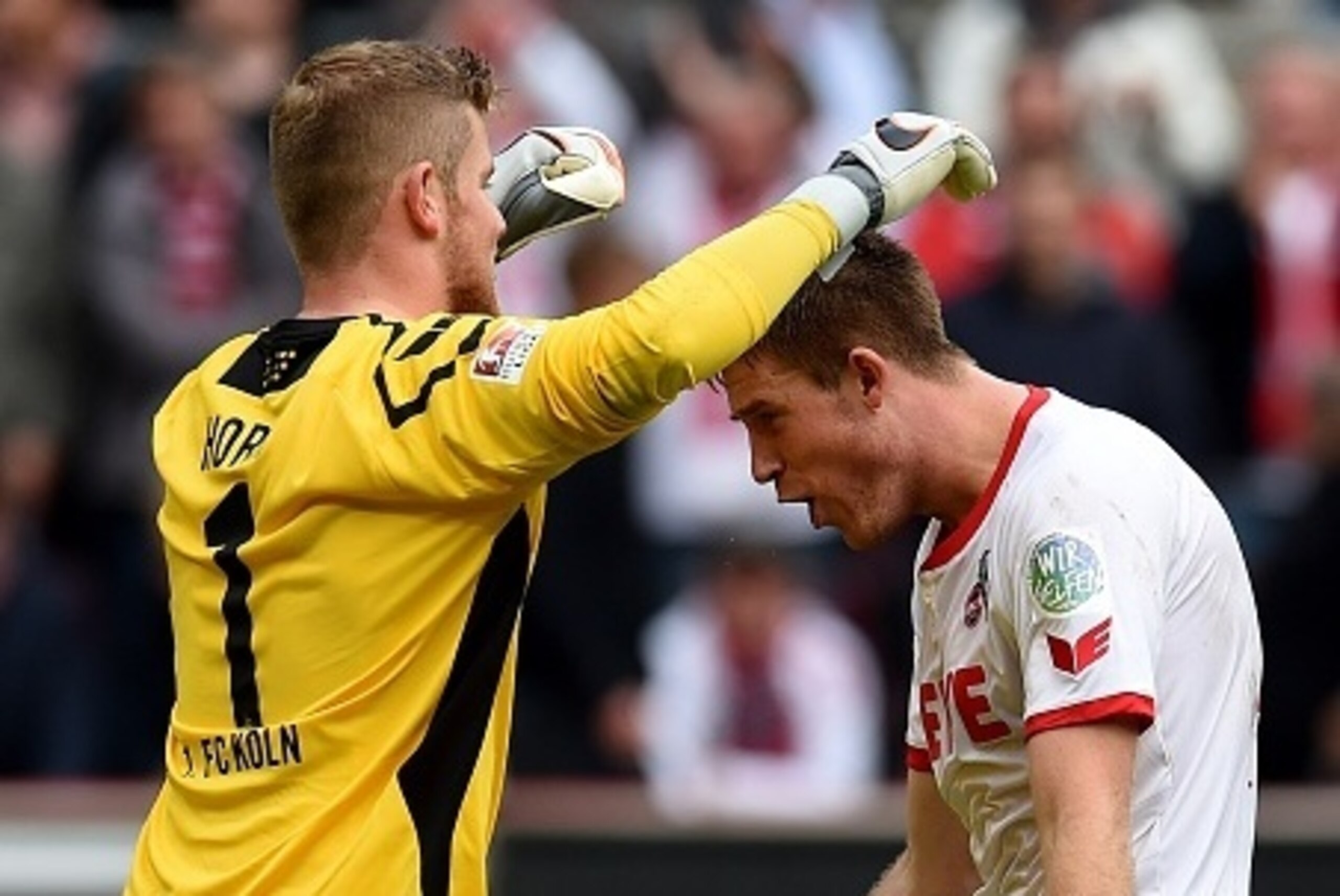 Cologne's goalkeeper Timo Horn (L) and Cologne's defender Jonas Hector react after the German first division Bundesliga football match FC Cologne vs Borussia Moenchengladbach in Cologne, western Germany on September 19, 2015. Cologne won the match 1-0.   