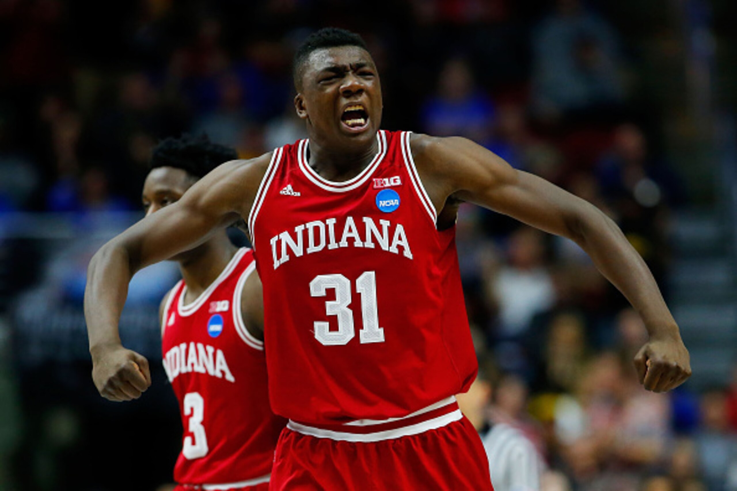 DES MOINES, IA - MARCH 19:  Thomas Bryant #31 of the Indiana Hoosiers reacts in the second half against the Kentucky Wildcats during the second round of the 2016 NCAA Men's Basketball Tournament at Wells Fargo Arena on March 19, 2016 in Des Moines, Iowa. 