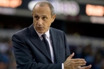 Oct 8, 2015; Sacramento, CA, USA; San Antonio Spurs assistant coach Ettore Messina gestures during the third quarter against the Sacramento Kings at Sleep Train Arena. The Kings won 95-92. Mandatory Credit: Kelley L Cox-USA TODAY Sports