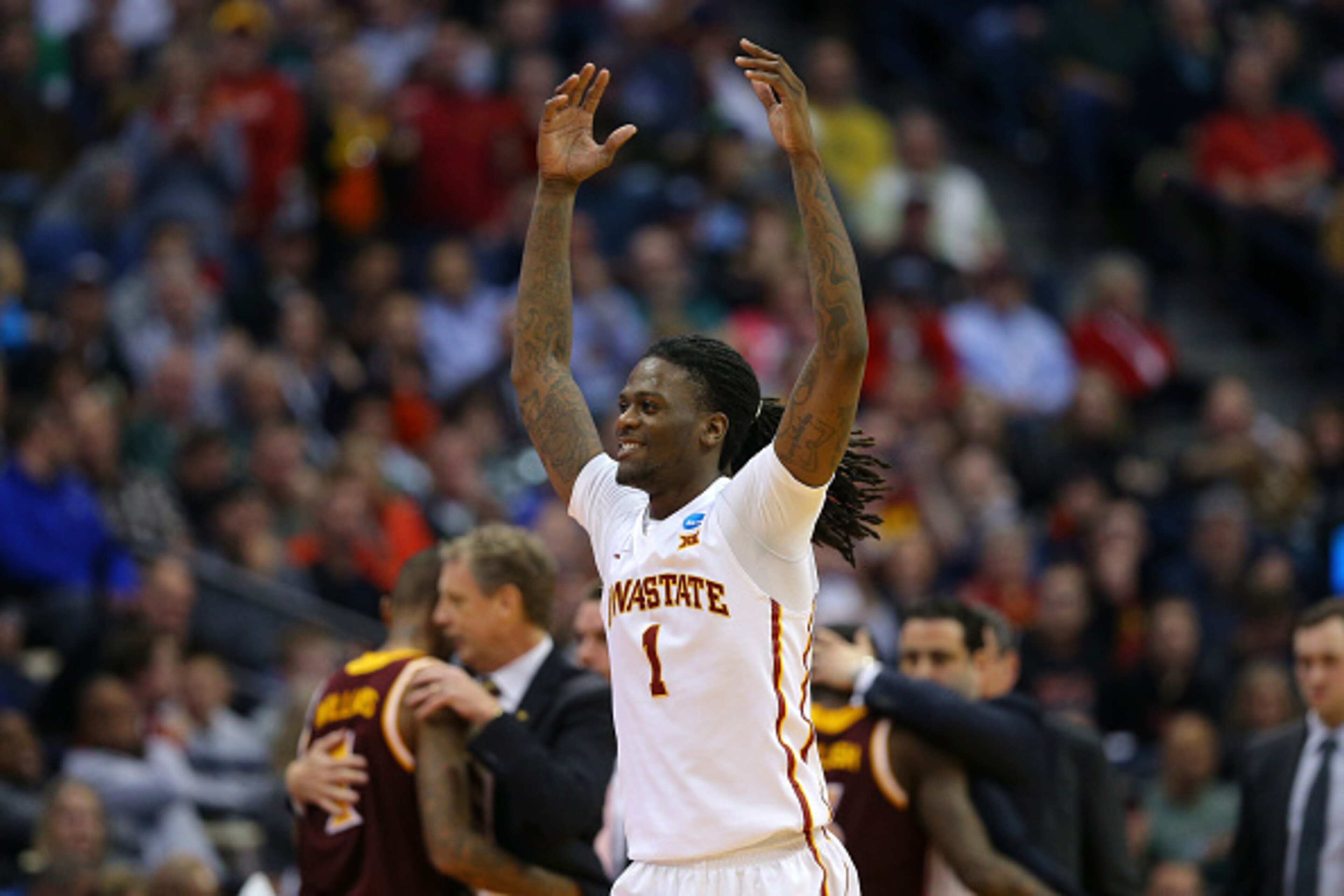 DENVER, CO - MARCH 17:  Jameel McKay #1 of the Iowa State Cyclones reacts after defeating the Iona Gaels 94-81 during the first round of the 2016 NCAA Men's Basketball Tournament at the Pepsi Center on March 17, 2016 in Denver, Colorado.  (Photo by Justin