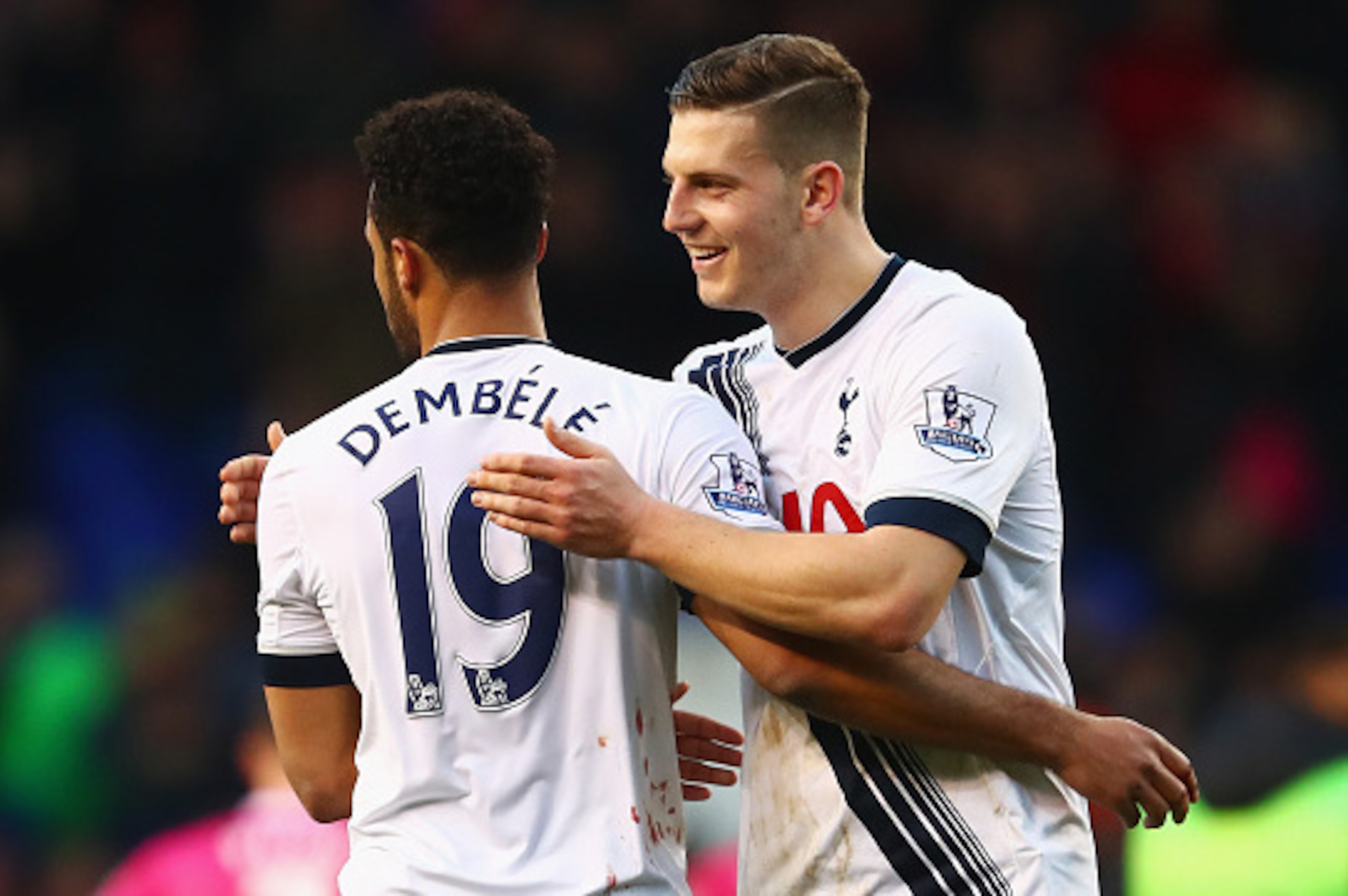 LONDON, ENGLAND - MARCH 20:  Mousa Dembele and Kevin Wimmer of Tottenham Hotspur celebrate victory after the Barclays Premier League match between Tottenham Hotspur and A.F.C. Bournemouth at White Hart Lane on March 20, 2016 in London, United Kingdom.  (P
