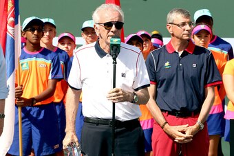 INDIAN WELLS, CA - MARCH 20: CEO Raymond Moore address the audiance at the trophy ceremony after Novak Djokovic of Serbia defeated Milos Raonic of Canada during the mens final of the BNP Paribas Open at the Indian Wells Tennis Garden on March 20, 2016 in 