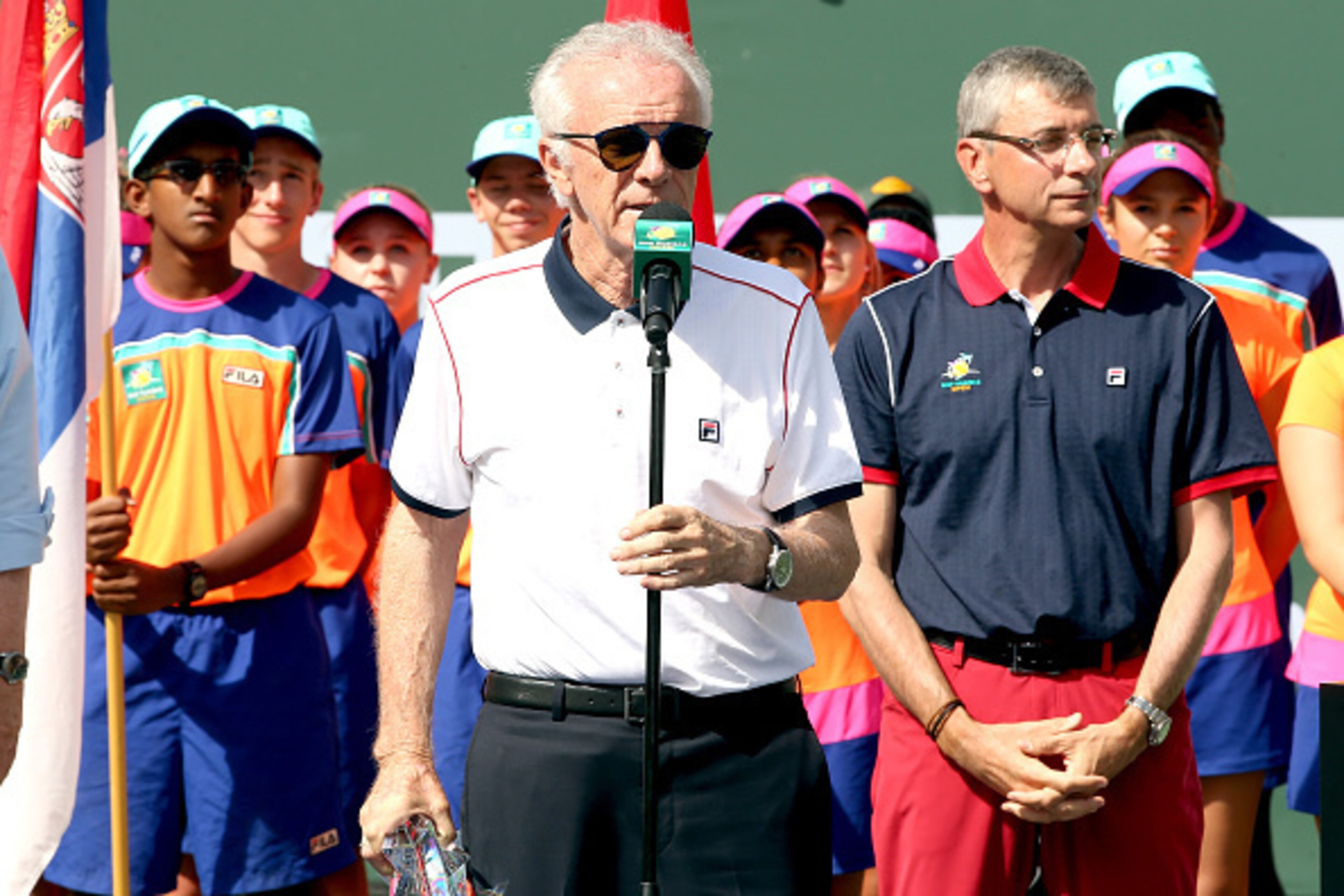 INDIAN WELLS, CA - MARCH 20: CEO Raymond Moore address the audiance at the trophy ceremony after Novak Djokovic of Serbia defeated Milos Raonic of Canada during the mens final of the BNP Paribas Open at the Indian Wells Tennis Garden on March 20, 2016 in 
