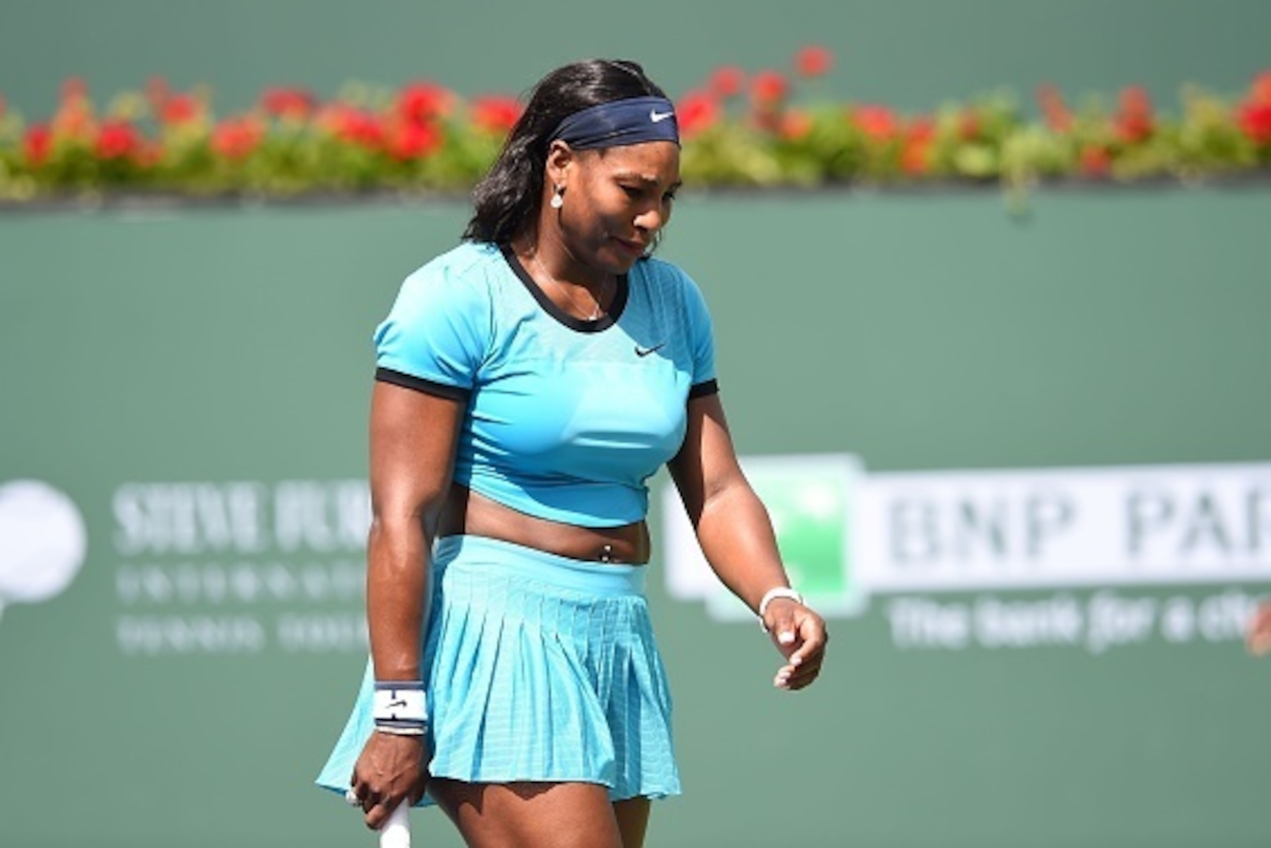 Serena Williams of USA reacts during the women's final match against Victoria Azarenka of Belarus in at the BNP Paribas Open at the Indian Wells Tennis Garden in Indian Wells, California, March 20, 2016.  Azarenka defeated Williams 6-4, 6-4. / AFP / ROBYN