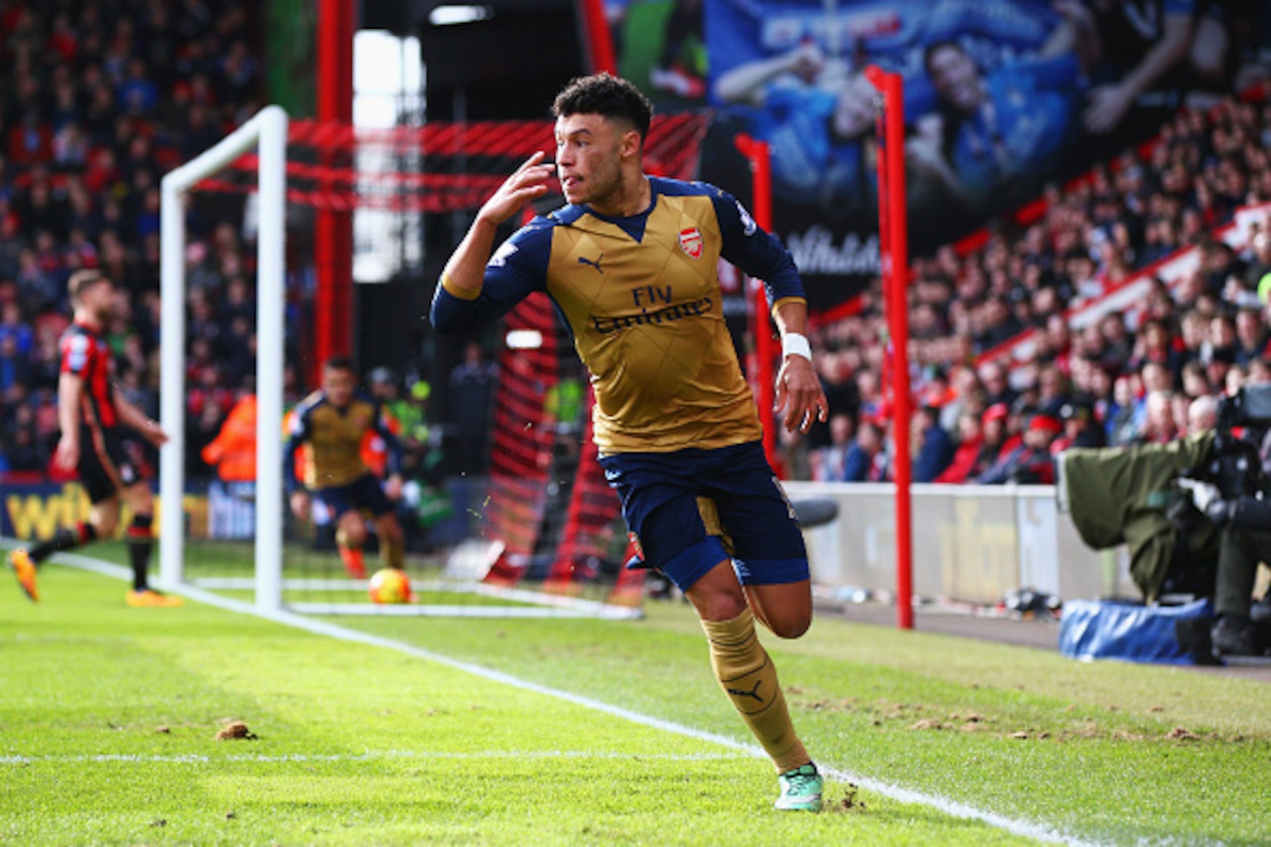 BOURNEMOUTH, ENGLAND - FEBRUARY 07: Alex Oxlade-Chamberlain of Arsenal celebrates as he scores their second goal during the Barclays Premier League match between A.F.C. Bournemouth and Arsenal at the Vitality Stadium on February 7, 2016 in Bournemouth, E BOURNEMOUTH, ENGLAND - FEBRUARY 07: Alex Oxlade-Chamberlain of Arsenal celebrates as he scores their second goal during the Barclays Premier League match between A.F.C. Bournemouth and Arsenal at the Vitality Stadium on February 7, 2016 in Bournemouth, E
