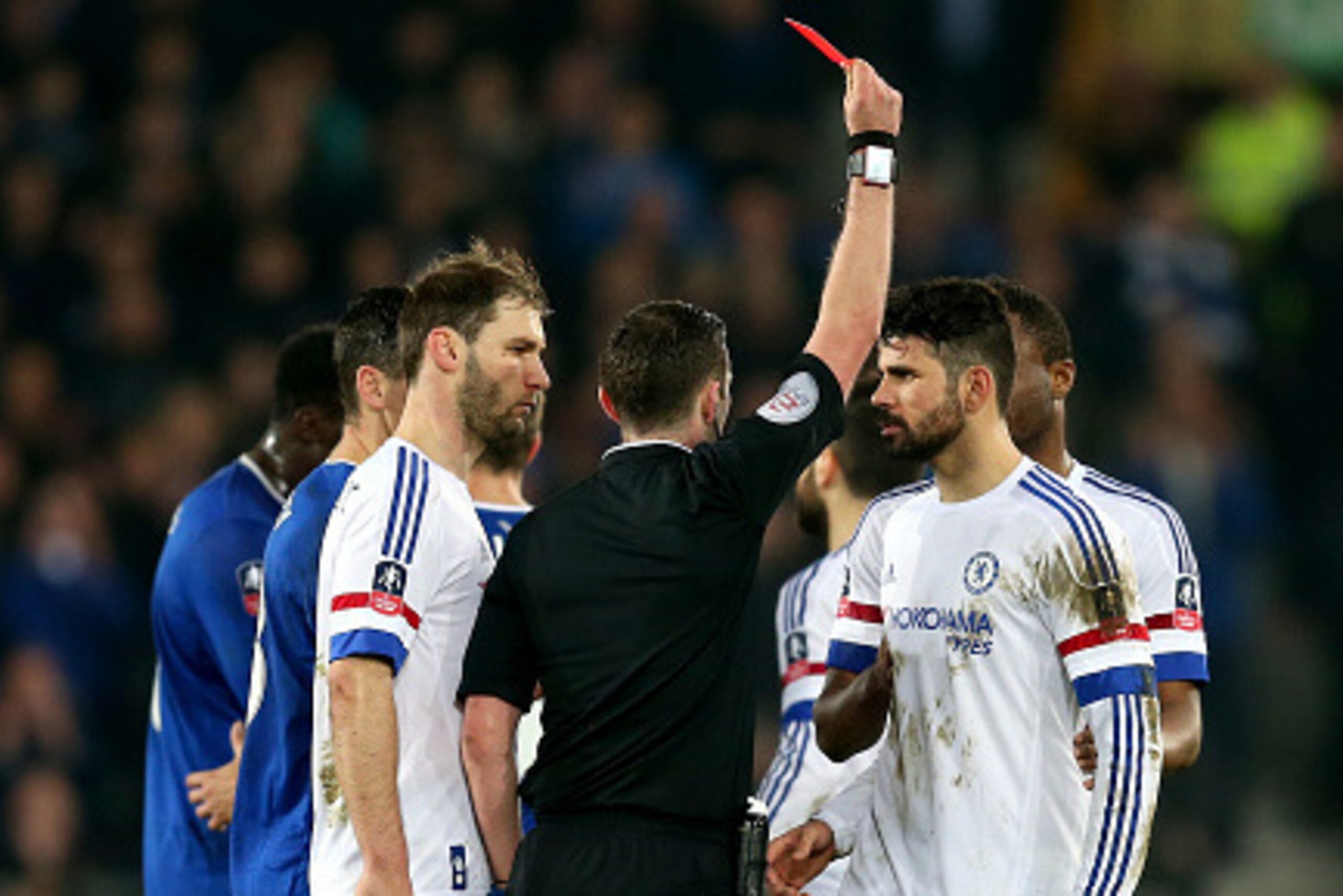 LIVERPOOL, ENGLAND - MARCH 12: Diego Costa of Chelsea is shown a red card by referee Michael Oliver during the Emirates FA Cup sixth round match between Everton and Chelsea at Goodison Park on March 12, 2016 in Liverpool, England.  (Photo by Chris Brunski