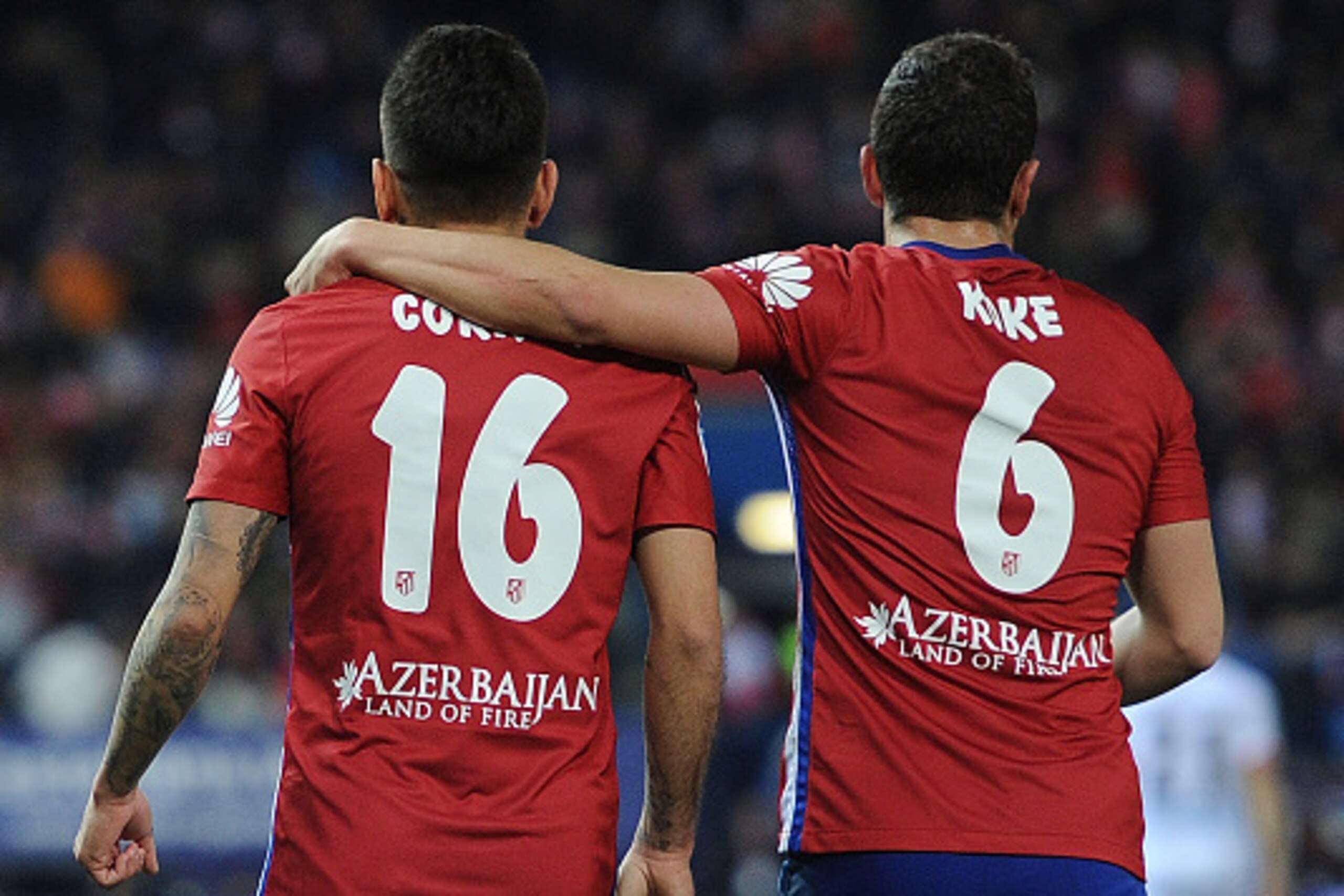 MADRID, SPAIN - MARCH 12:  Angel Correa of Club Atletico de Madrid selebrates with Koke Resurreccion after scoring his team's 3rd goal during the La Liga match between Club Atletico de Madrid and RC Deportivo La Coruna at Vicente Calderon Stadium on March