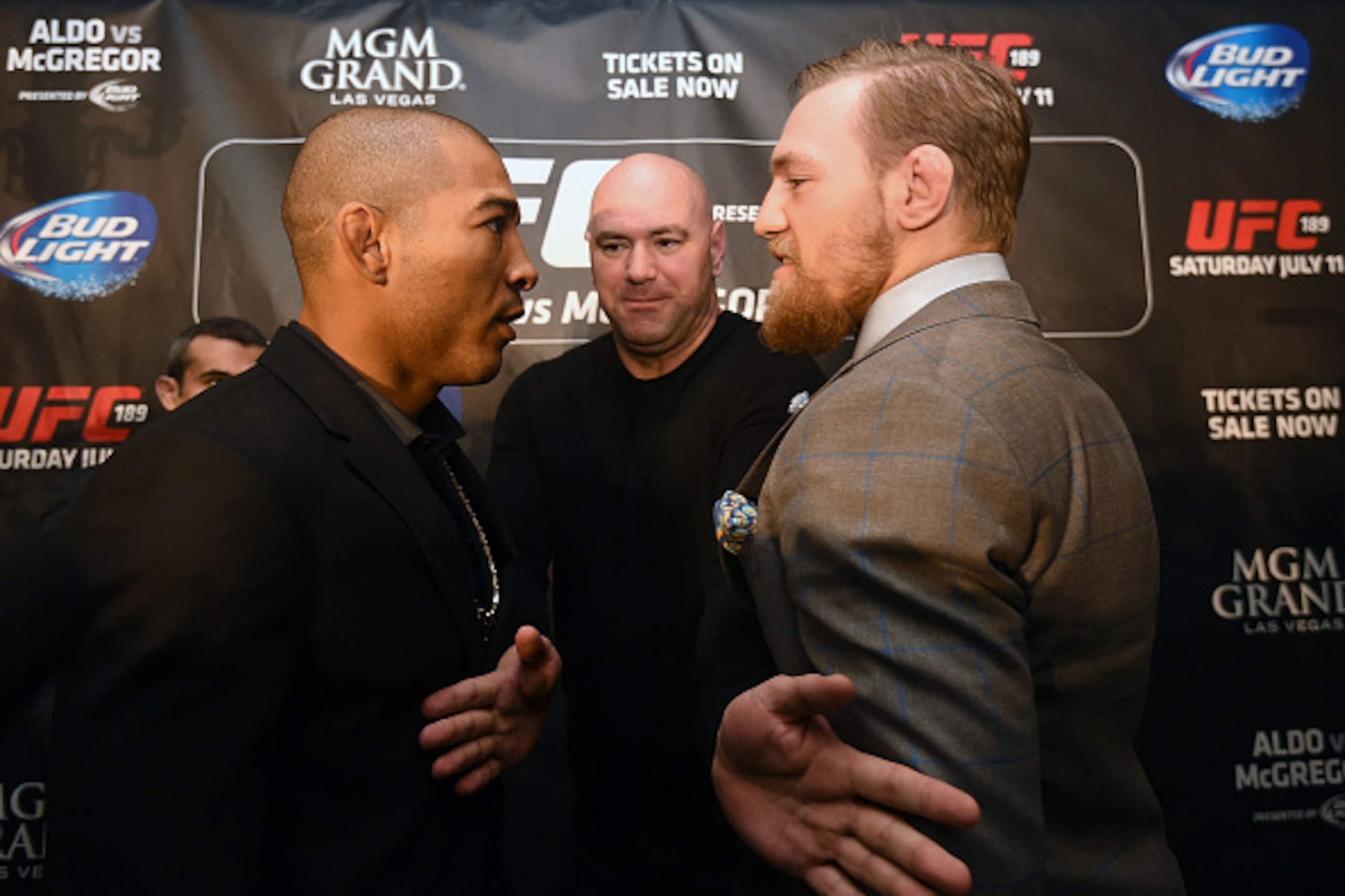 LONDON, ENGLAND - MARCH 30:  UFC Featherweight Champion Jose Aldo (L) and UFC Featherweight Contender Conor McGregor (R) face off during the UFC 189 World Championship Press Tour on March 30, 2015 in London, England.  (Photo by Tom Dulat/Zuffa LLC via Get