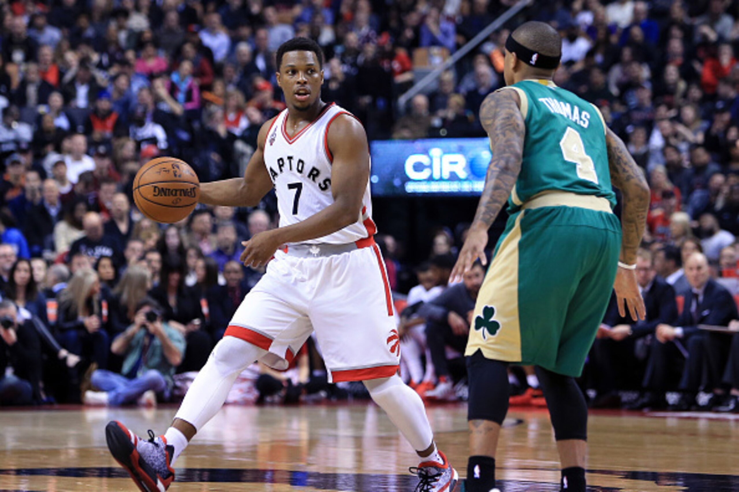 TORONTO, ON - MARCH 18:  Kyle Lowry #7 of the Toronto Raptors dribbles the ball during the first half of an NBA game against the Boston Celtics at the Air Canada Centre on March 18, 2016 in Toronto, Ontario, Canada.  NOTE TO USER: User expressly acknowled