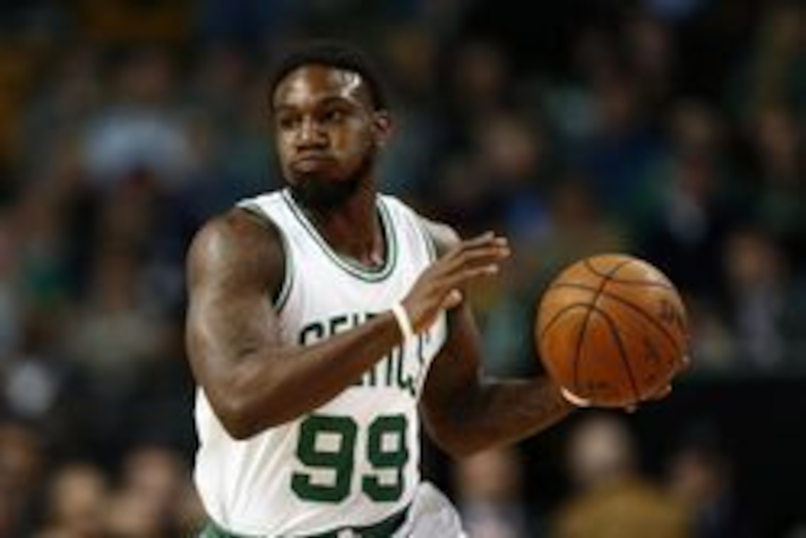 Feb 29, 2016; Boston, MA, USA; Boston Celtics forward Jae Crowder (99) passes the ball against the Utah Jazz during the first half at TD Garden. Mandatory Credit: Mark L. Baer-USA TODAY Sports