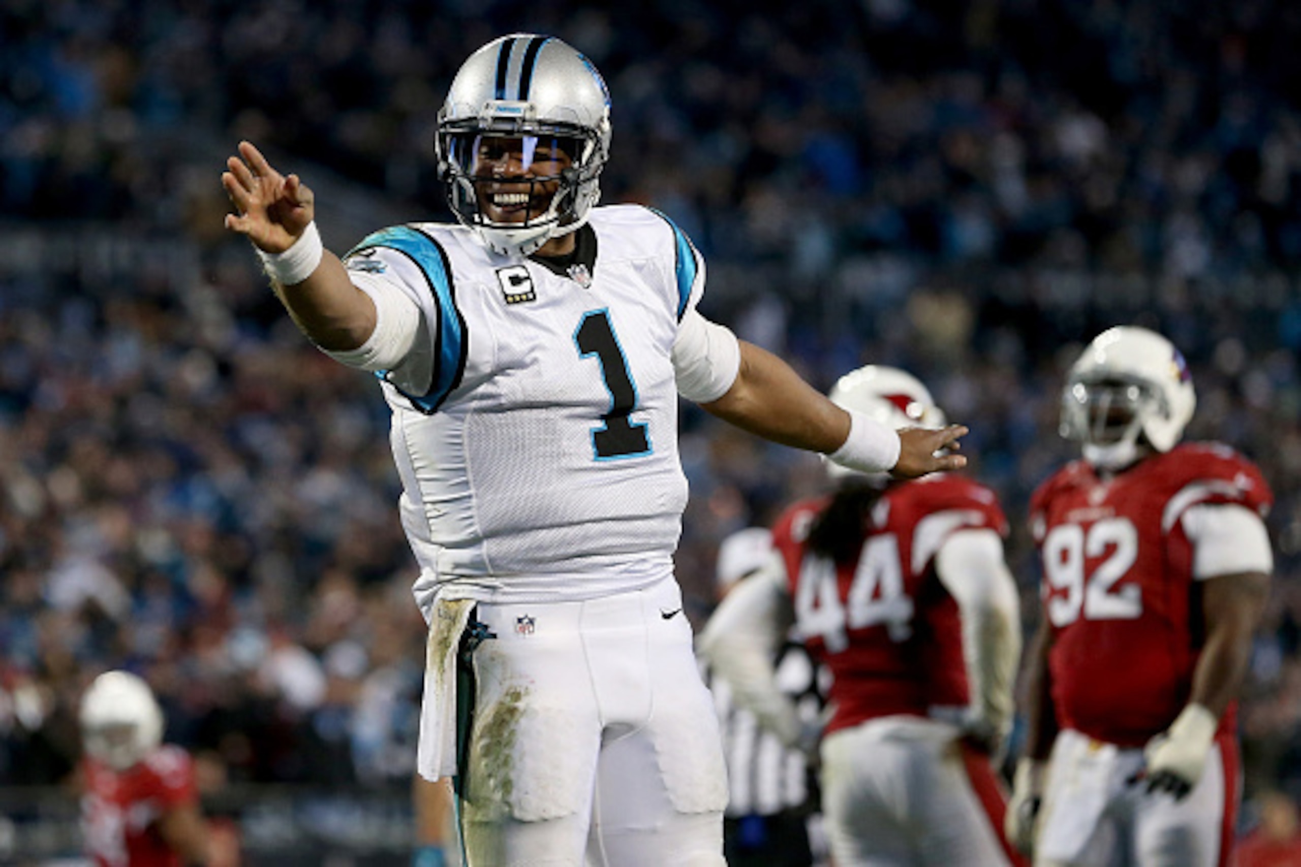 CHARLOTTE, NC - JANUARY 24:  Cam Newton #1 of the Carolina Panthers celebrates during the NFC Championship Game against the Arizona Cardinals at Bank of America Stadium on January 24, 2016 in Charlotte, North Carolina.  (Photo by Streeter Lecka/Getty Imag