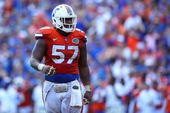 GAINESVILLE, FL - NOVEMBER 07:  Caleb Brantley #57 of the Florida Gators looks on during the game against the Vanderbilt Commodores at Ben Hill Griffin Stadium on November 7, 2015 in Gainesville, Florida.  (Photo by Rob Foldy/Getty Images)