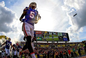 ORLANDO, FL - JANUARY 01: Ahmad Fulwood #5 of the Florida Gators runs onto the field before the Buffalo Wild Wings Citrus Bowl game against the Michigan Wolverines at Orlando Citrus Bowl on January 1, 2016 in Orlando, Florida.  (Photo by Rob Foldy/Getty I