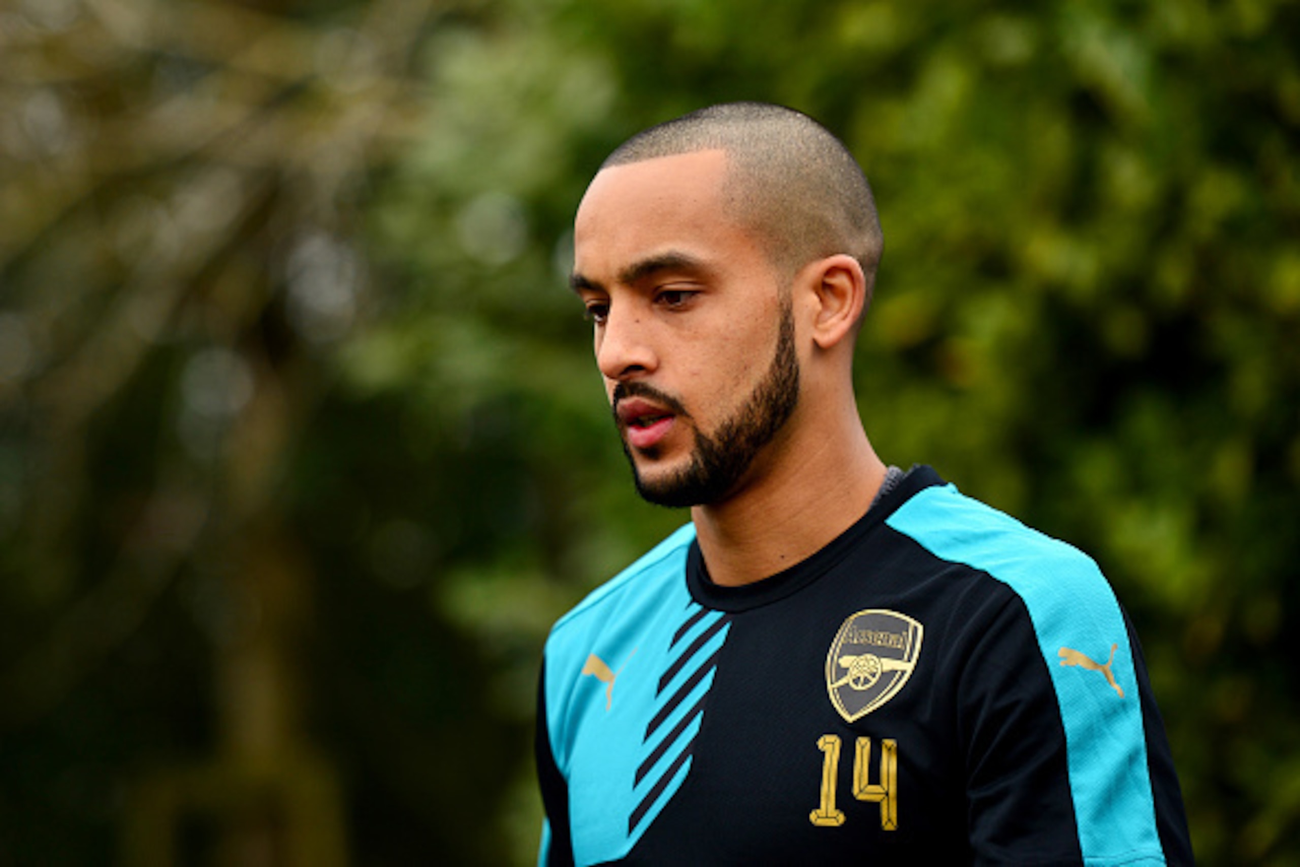 ST ALBANS, ENGLAND - MARCH 15:  Theo Walcott of Arsenal walks out for a training session ahead of the UEFA Champions League round of 16 second leg match between Barcelona and Arsenal at London Colney on March 15, 2016 in St Albans, England.  (Photo by Dan