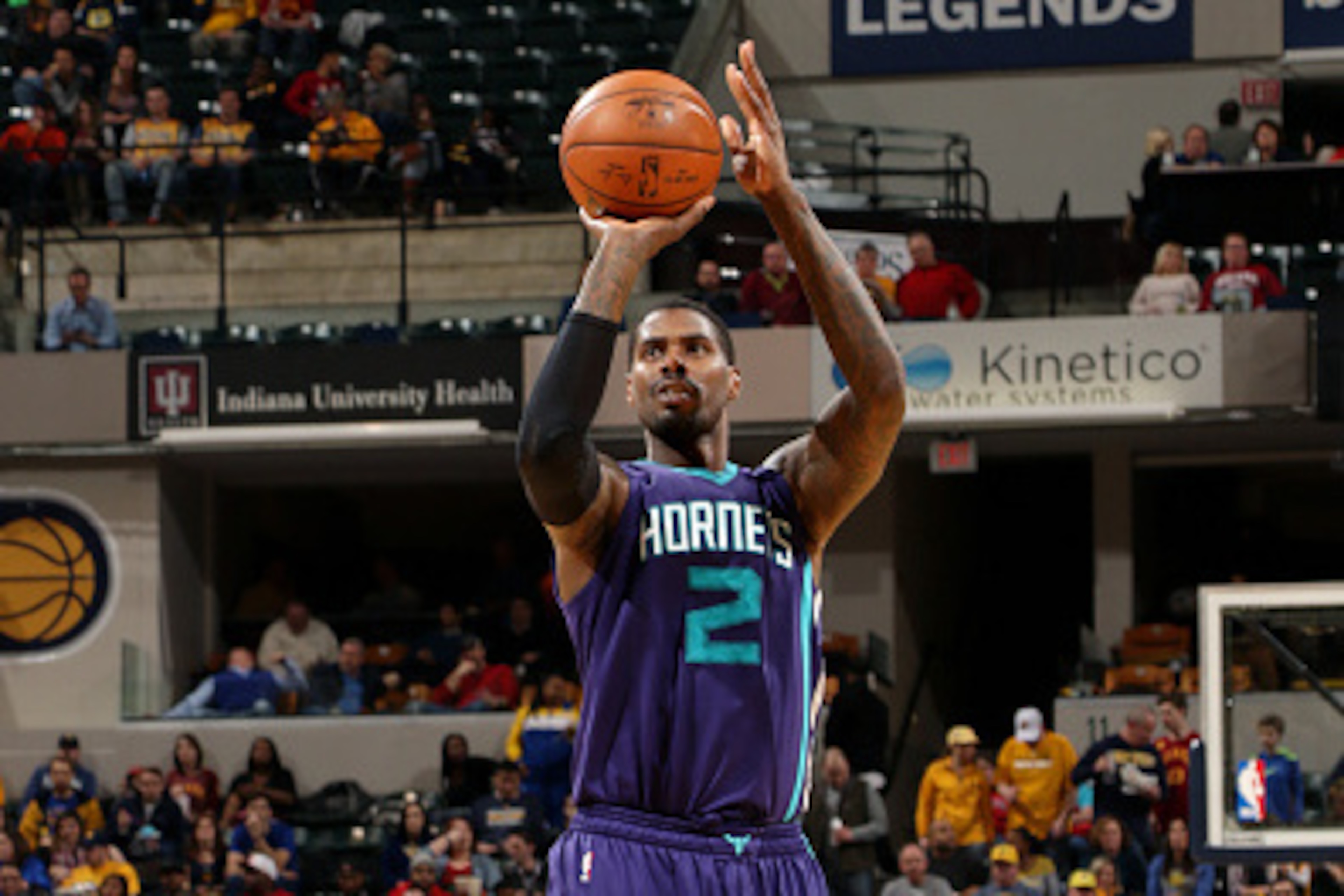 INDIANAPOLIS - FEBRUARY 26: Marvin Williams #2 of the Charlotte Hornets shoots the ball during the game against the Indiana Pacers on February 26, 2016 in Indianapolis, Indiana.  NOTE TO USER: User expressly acknowledges and agrees that, by downloading an
