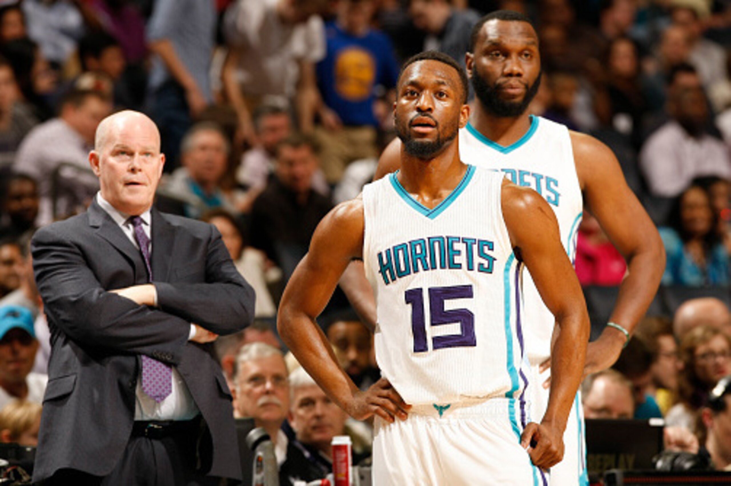 CHARLOTTE, NC - MARCH 11: Kemba Walker #15, Al Jefferson #25 and Steve Clifford, head coach of the Charlotte Hornets during the game against the Detroit Pistons at the Time Warner Cable Arena on March 11, 2016 in Charlotte, North Carolina. NOTE TO USER: CHARLOTTE, NC - MARCH 11: Kemba Walker #15, Al Jefferson #25 and Steve Clifford, head coach of the Charlotte Hornets during the game against the Detroit Pistons at the Time Warner Cable Arena on March 11, 2016 in Charlotte, North Carolina. NOTE TO USER:
