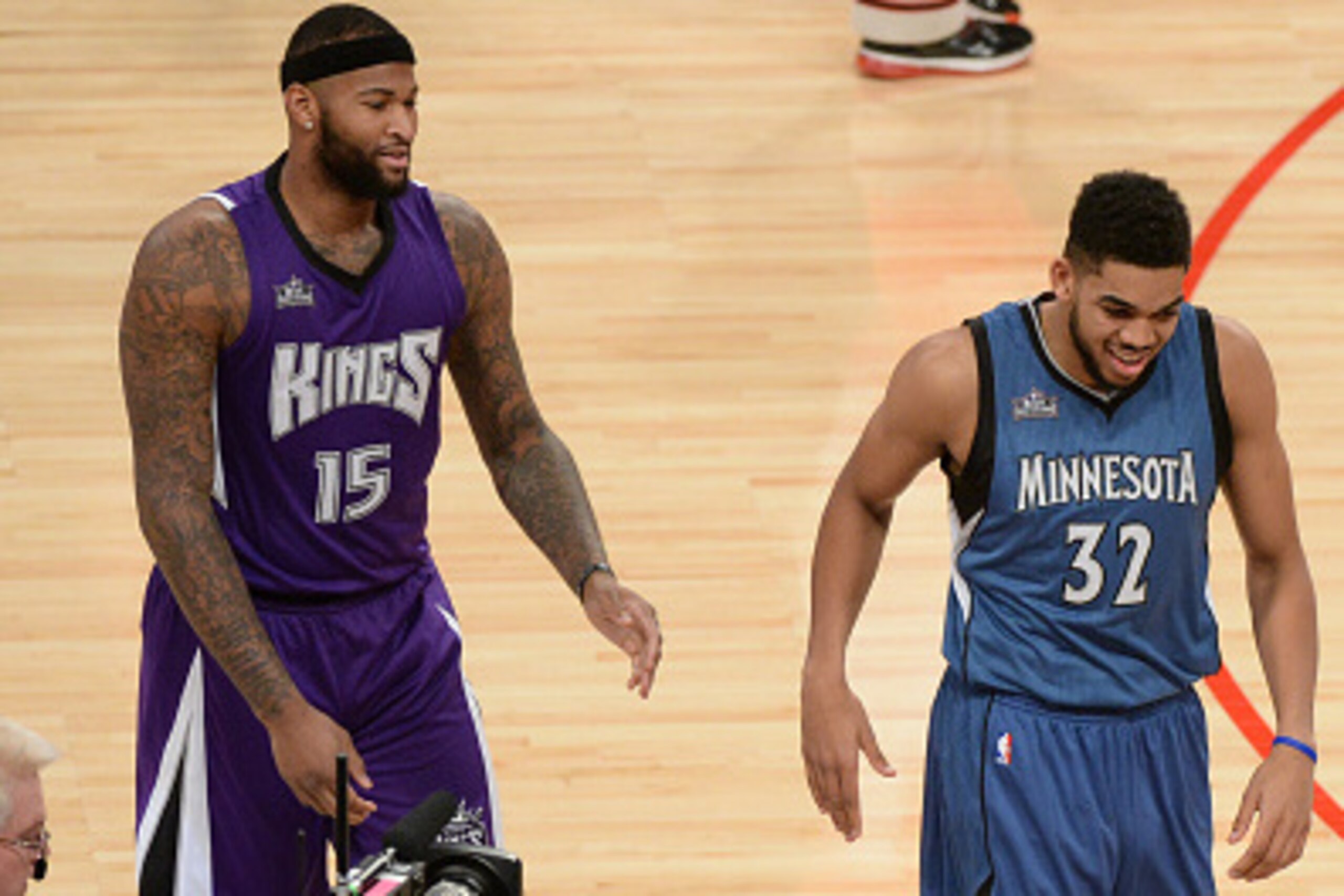 TORONTO, CANADA - FEBRUARY 13:  DeMarcus Cousins #15 of the Sacramento Kings and Karl-Anthony Towns #32 of the Minnesota Timberwolves walk off the court during the Taco Bell Skills Challenge as part of 2016 NBA All-Star Weekend on February 13, 2016 at the