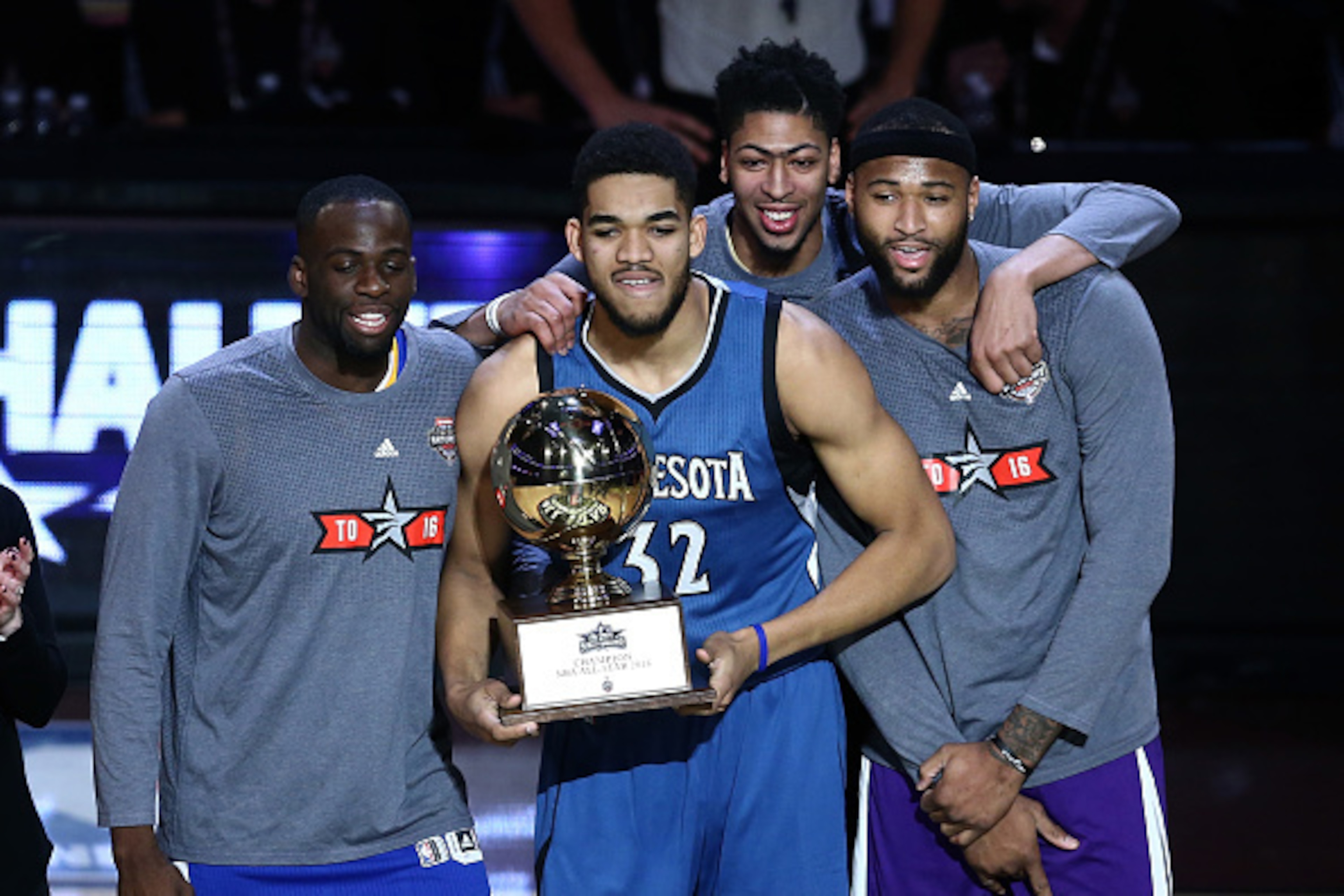 TORONTO, ON - FEBRUARY 13: Karl-Anthony Towns of the Minnesota Timberwolves poses with the trophy and Draymond Green of the Golden State Warriors, Anthony Davis of the New Orleans Pelicans and DeMarcus Cousins of the Sacramento Kings after winning in the TORONTO, ON - FEBRUARY 13: Karl-Anthony Towns of the Minnesota Timberwolves poses with the trophy and Draymond Green of the Golden State Warriors, Anthony Davis of the New Orleans Pelicans and DeMarcus Cousins of the Sacramento Kings after winning in the