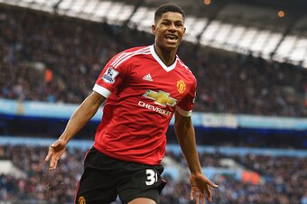 MANCHESTER, ENGLAND - MARCH 20:  Marcus Rashford of Manchester United celebrates as he scores their first goal during the Barclays Premier League match between Manchester City and Manchester United at Etihad Stadium on March 20, 2016 in Manchester, United
